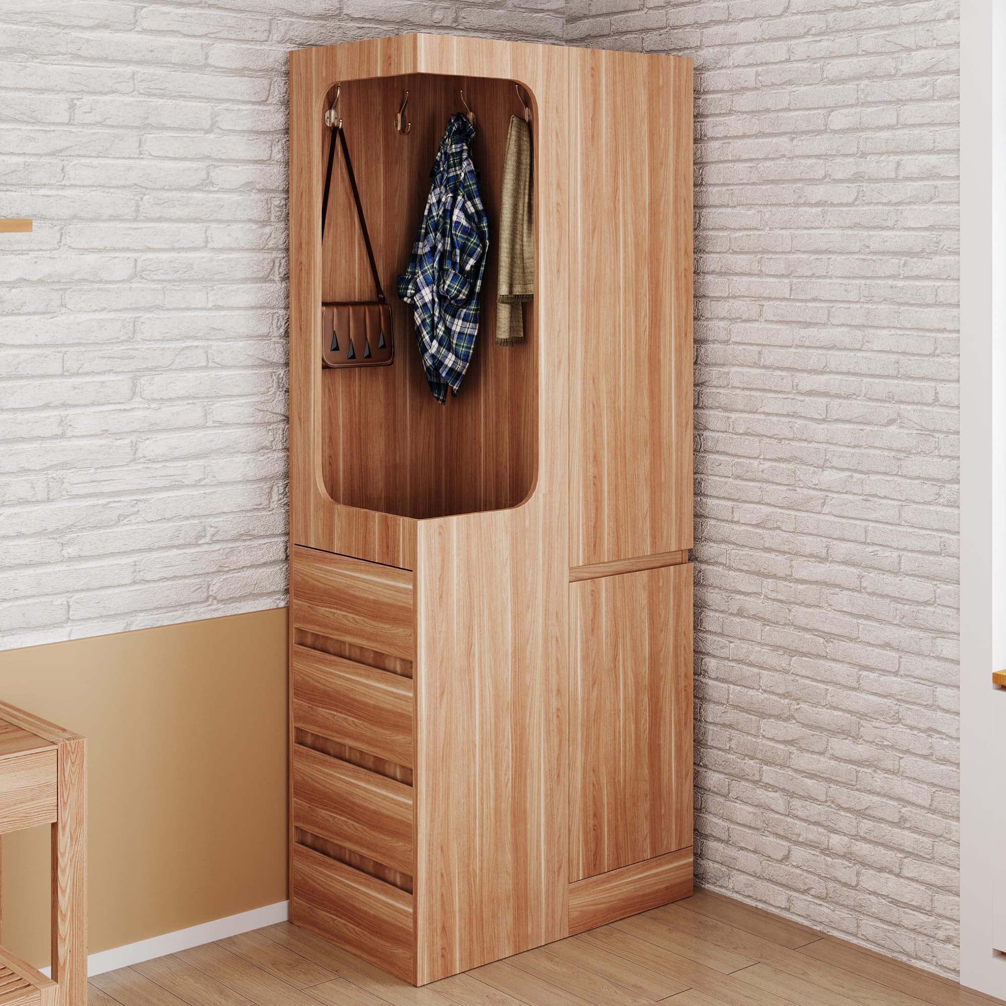 Armoire 70 x 40 x 170 cm, avec tiroirs, compartiments de rangement et espace vestiaire ouvert, peu encombrante pour chambre à coucher et couloir, couleur bois