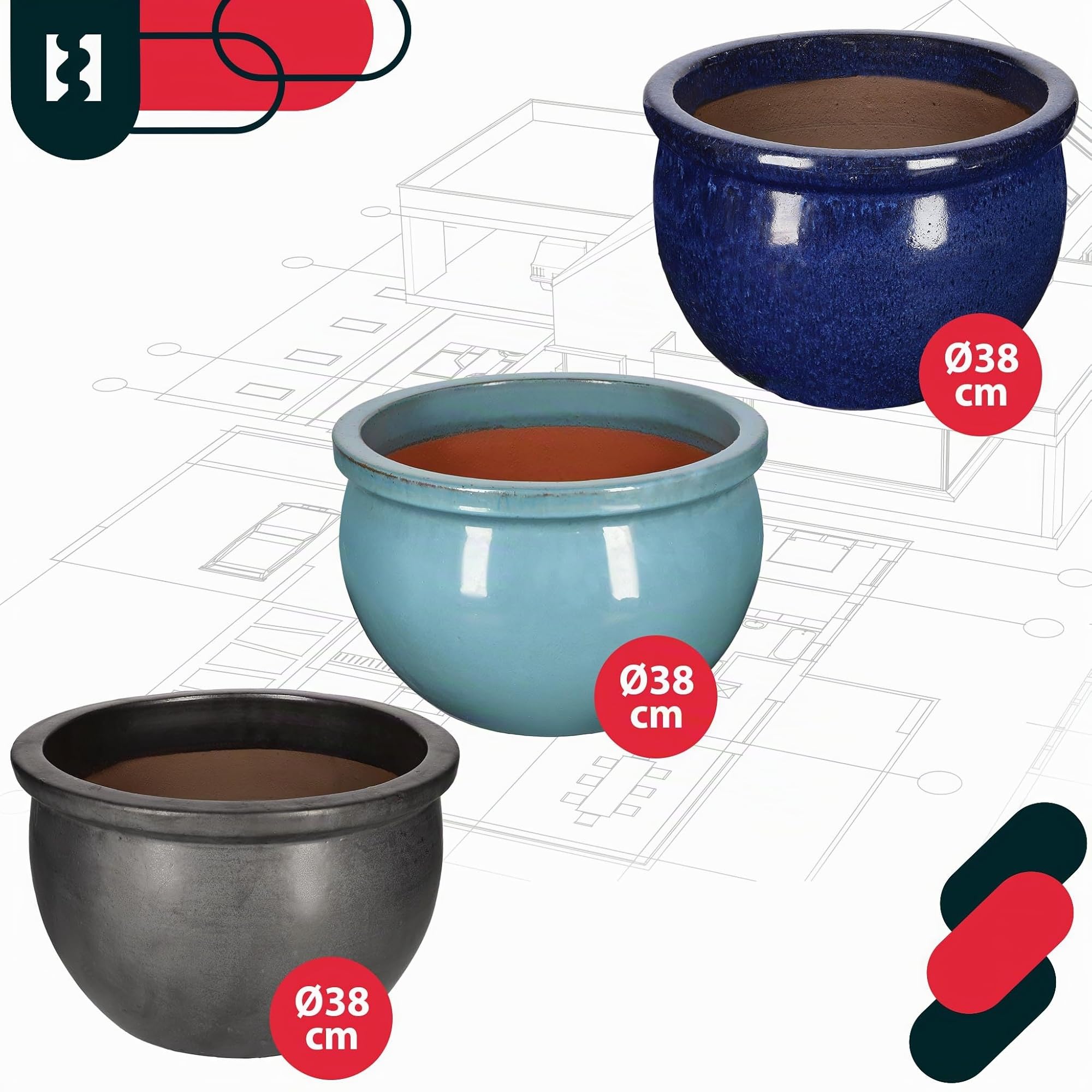 KOTARBAU® - Vaso da fiori in ceramica per giardino, rotondo, ⌀ 390 mm, turchese
