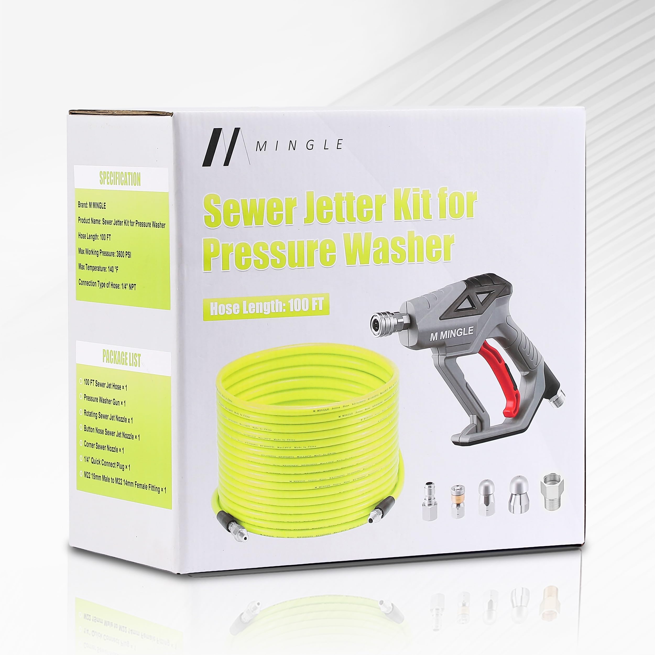 M MINGLE Kit de chorro de alcantarillado para lavadora a presión de 100 pies, manguera limpiadora de drenaje con pistola de lavado eléctrica, rotación de esquina NPT de 1/4 pulgadas y boquilla de