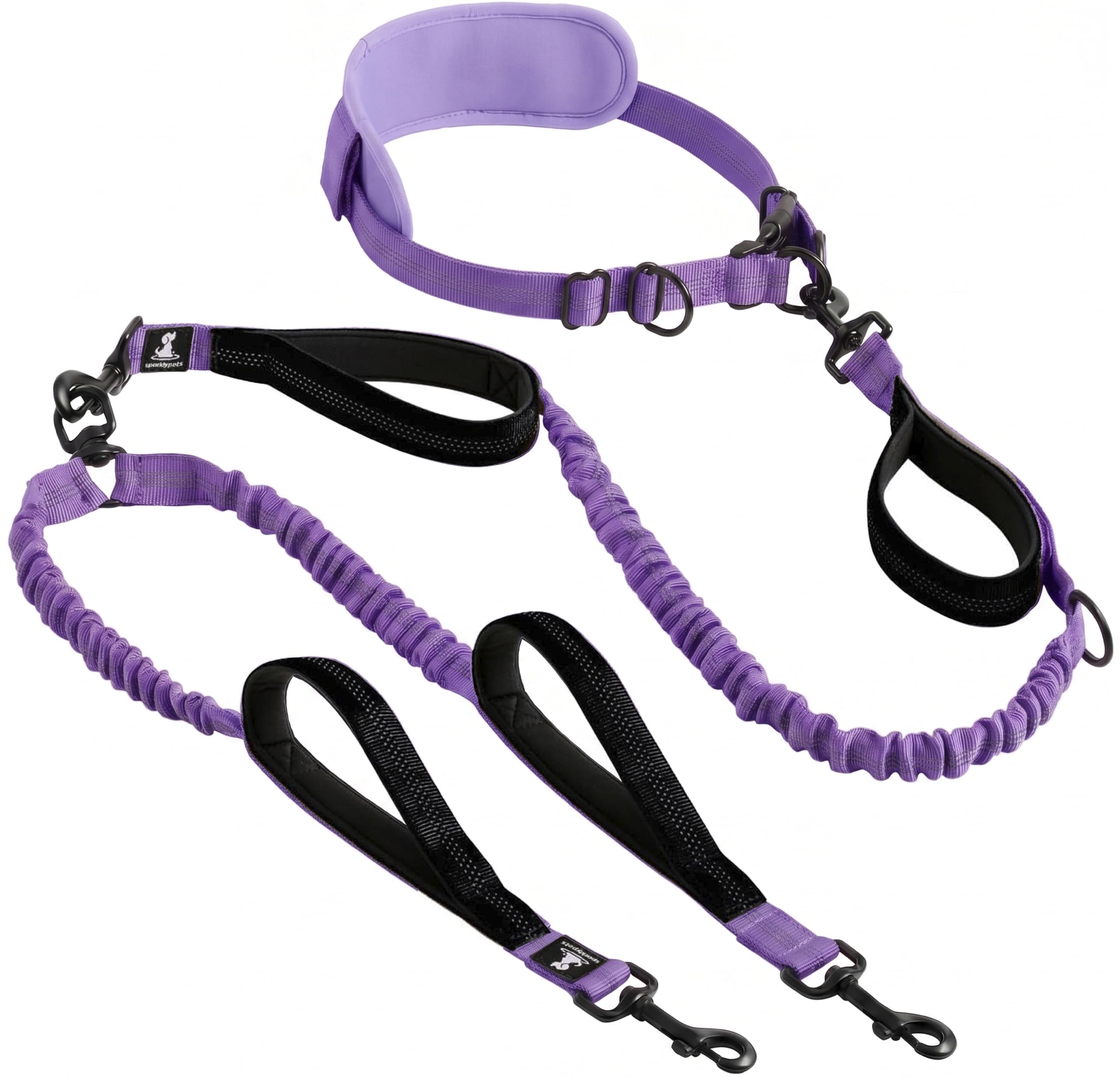 SparklyPets - Correa doble manos libres para perros hembras medianas y grandes - Asas acolchadas, costuras reflectantes, sin tirones, sin enredos, para caminar, senderismo, trotar, correa de cintura