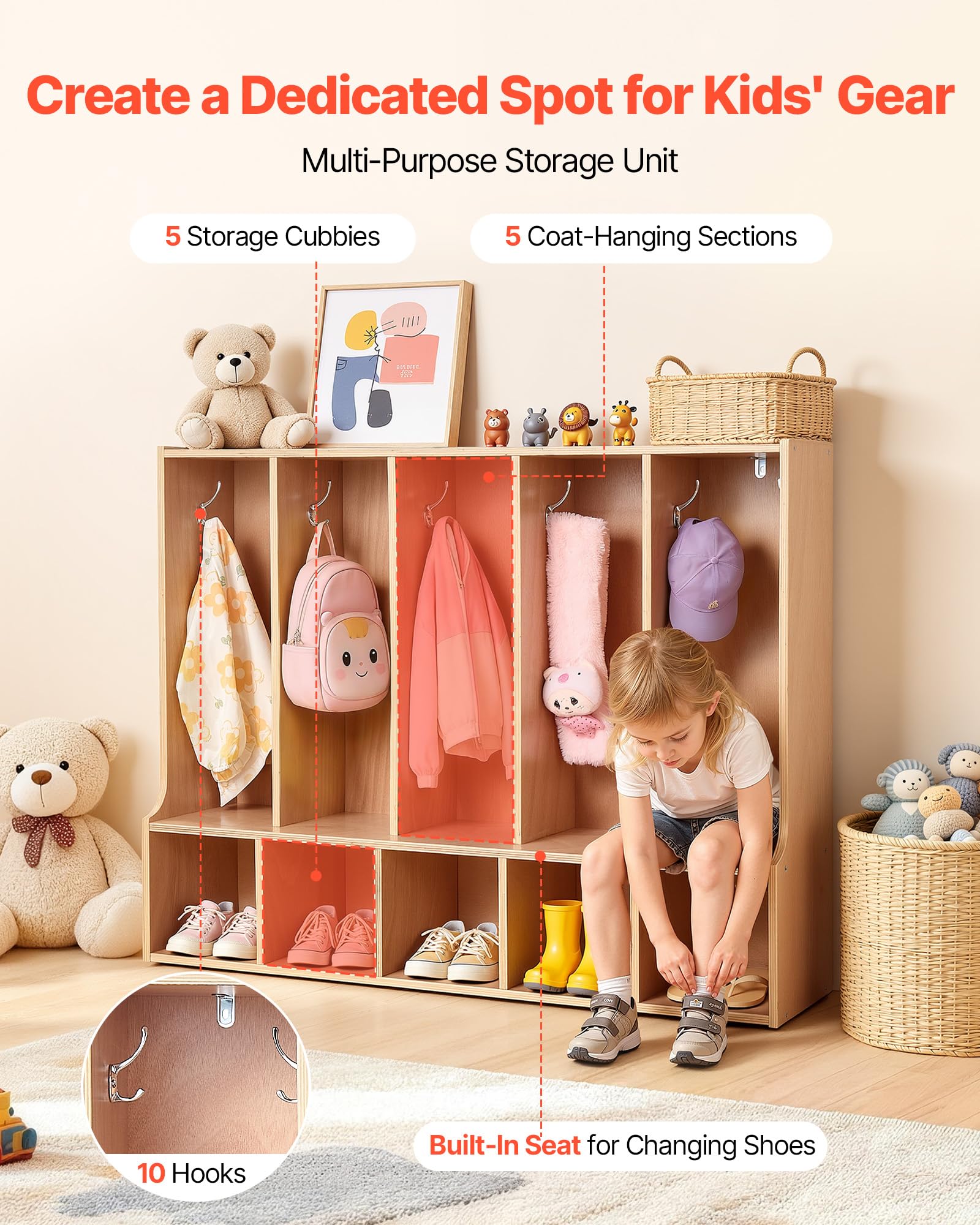 VEVOR Vestiaire 5 Enfants Ouvert, Penderie pour Enfants en Bois, Rangement pour Crèche Maternelle Garderie Maison, Meuble d'accueil Scolaire avec Casiers à Manteaux et à Chaussures, 10 Crochets