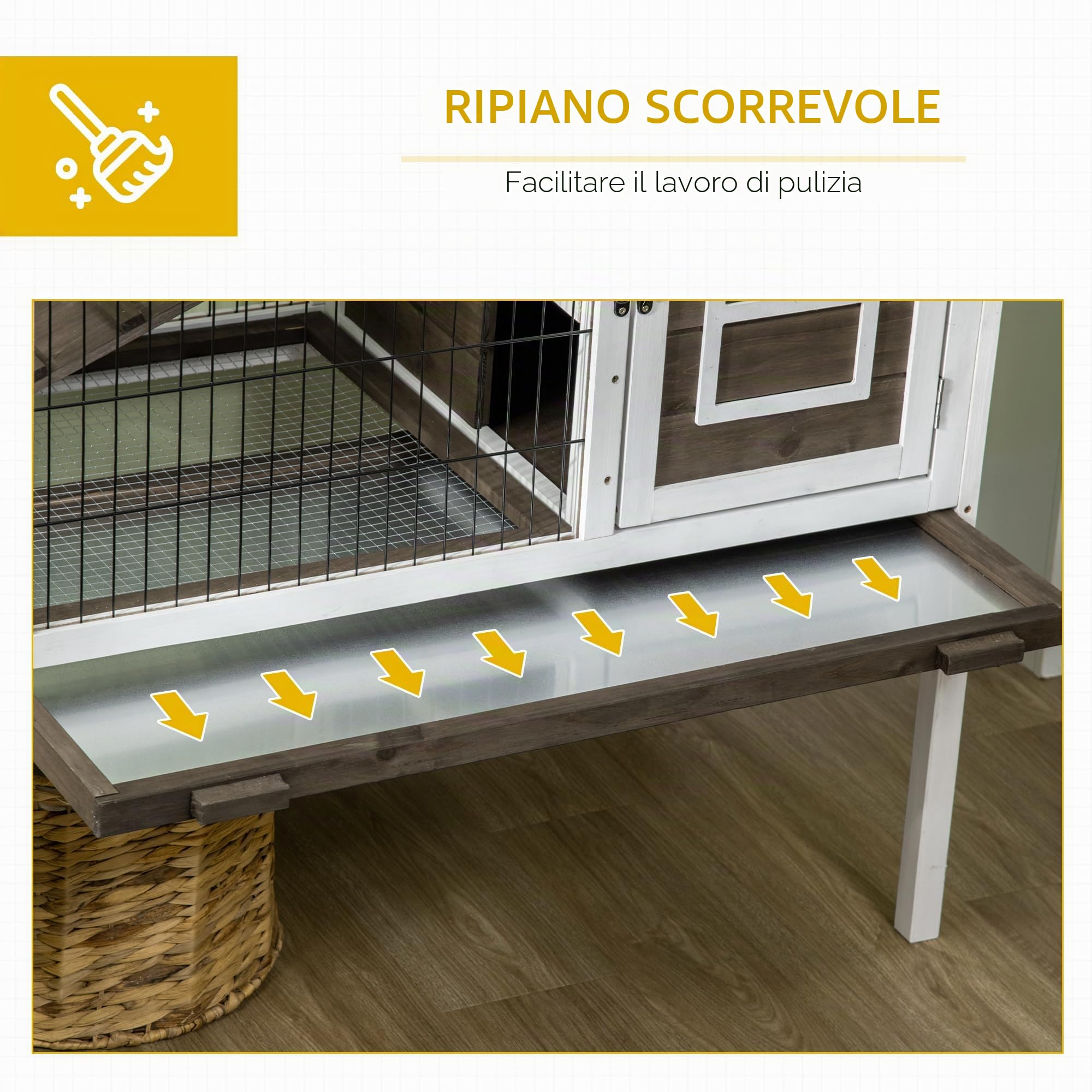 PawHut Gabbia per conigli da interno, con 1 vassoio rimovibile, 2 porte con serratura, 1 scaletta in legno per 1 o 2 conigli, 90 x 53 x 87 cm, caffè