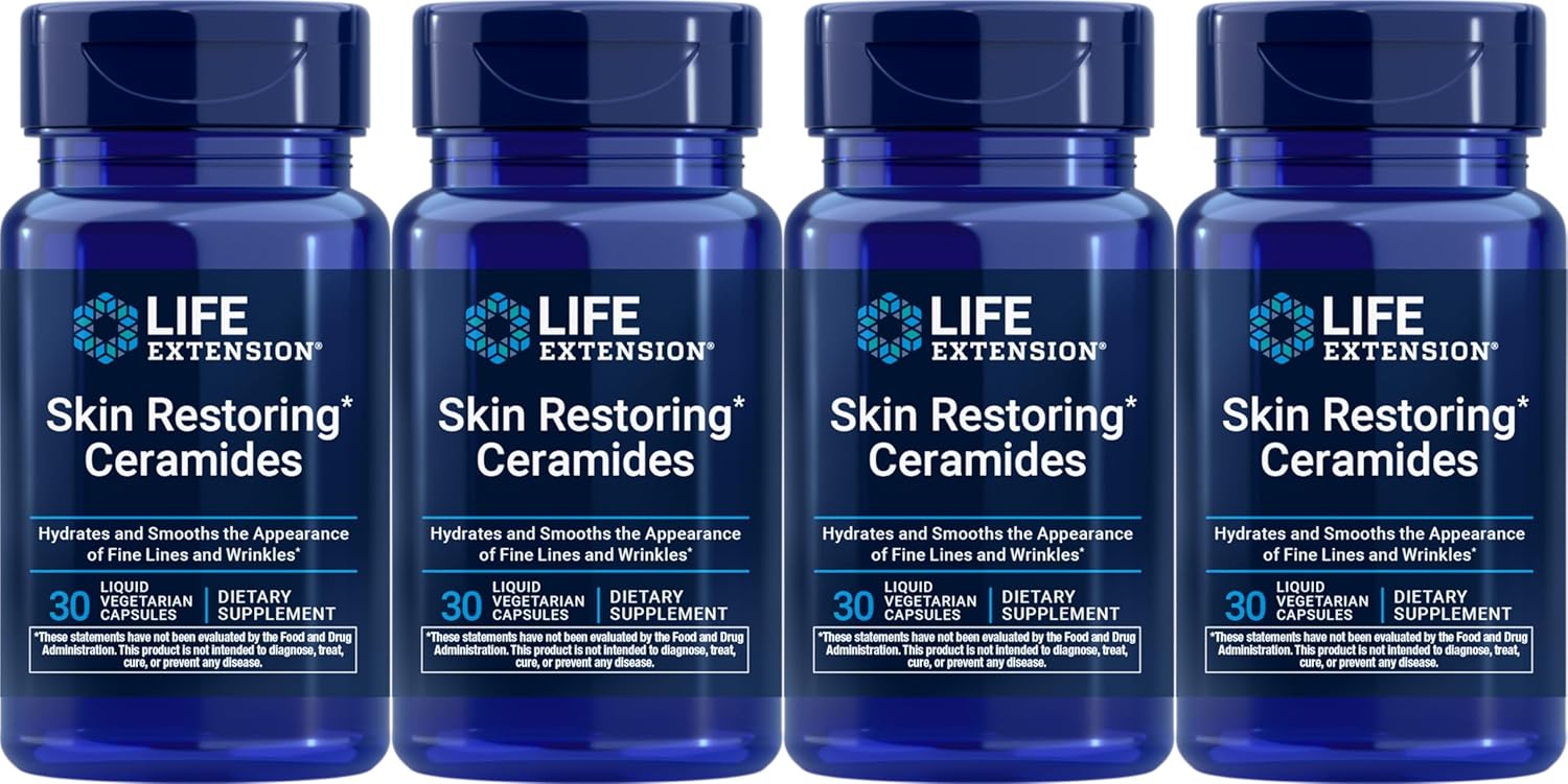 Life Extension Skin Restoring Ceramides, 30 Liquid Vegetarian Capsules (Pack of 4)