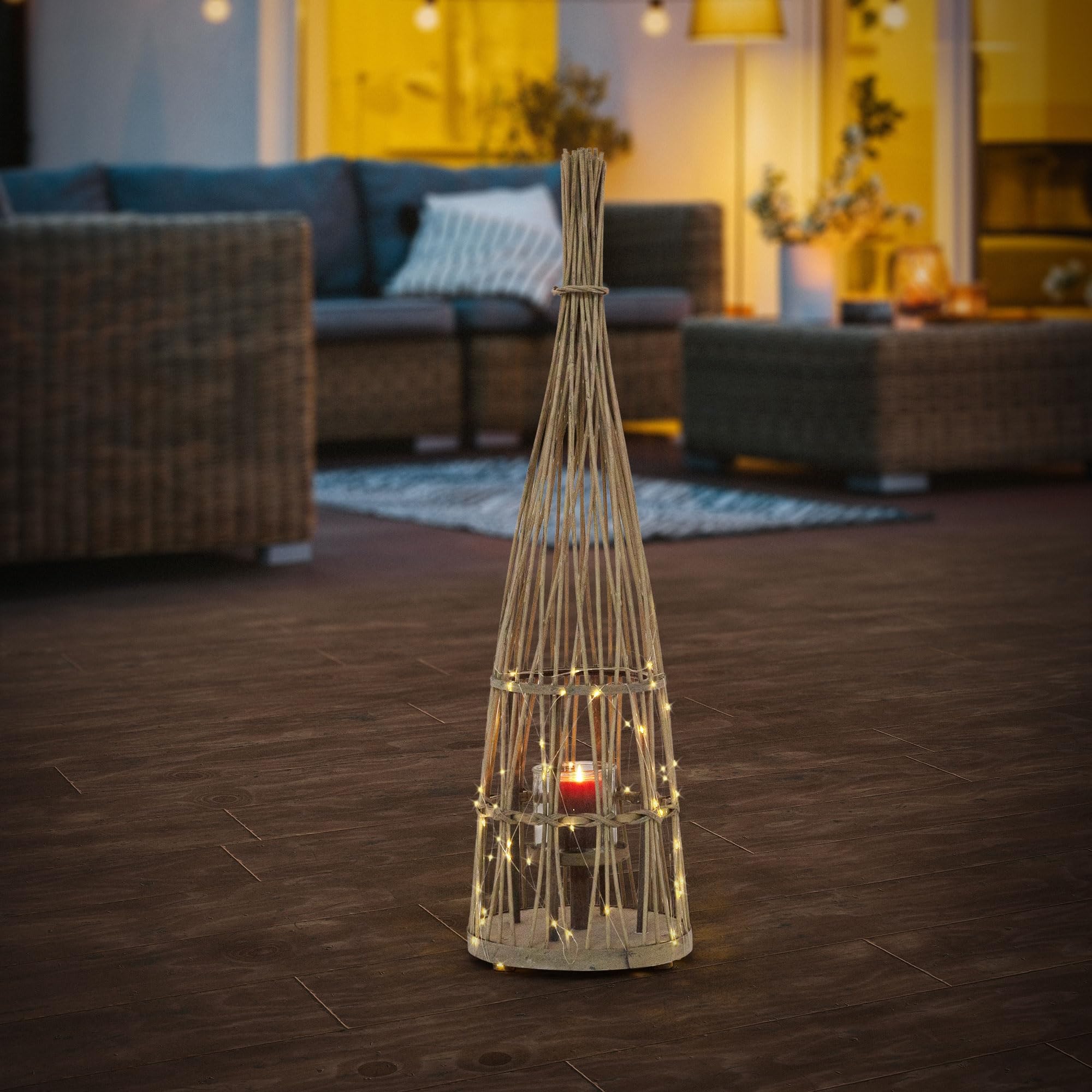 ECD Germany Linterna de Bambú con Guirnalda de Luces LED a Pilas e Inserto de Cristal, 91 cm, Portavelas de Madera, Farolillo Boho, Lámpara Interior/Exterior Decorativo para Jardín, Terraza, Balcón