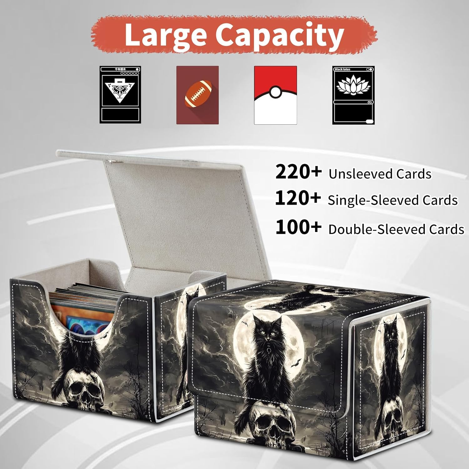 FUYOCWE Card Deck Box,MTG Commander Deck Box 100+ Double Sleeved Cards Storage,Magnetic Snap Leather Trading Card Case Oragnizer for TCG/CCG/Magic/Sports Cards-Black cat sit on a skull