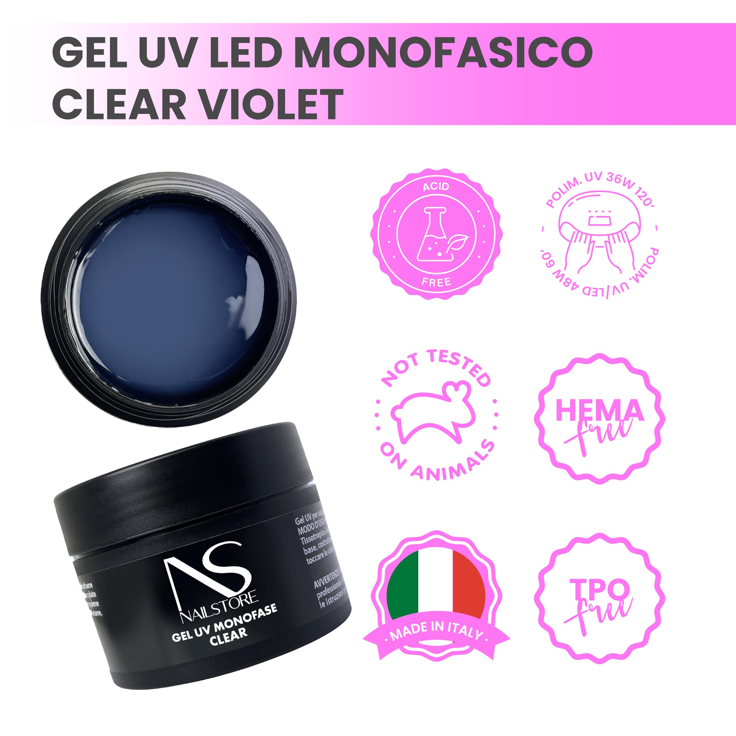 NAILSTORE - Gel UV Led Costruttore Monofasico Clear Violet Trasparente – evita l’ingiallimento unghie - media densità – autolivellante – adatto per ricostruzione unghie con cartine e per refill (30g)