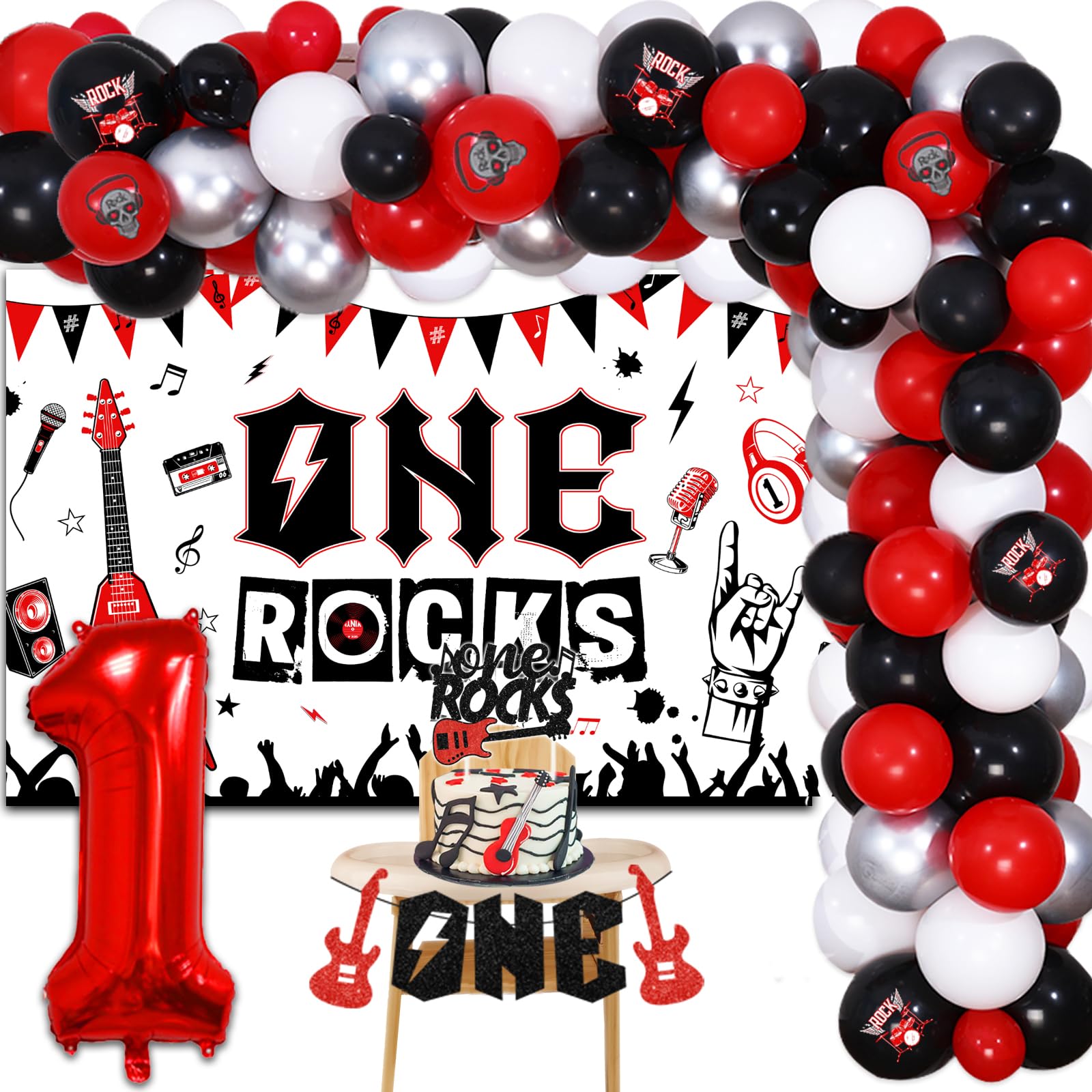 Sursurprise One Rocks 1st Birthday Decorations, Rock and Roll First Birthday Party Supplies Balloon Garland Arch Kit Backdrop Cake Topper for Music