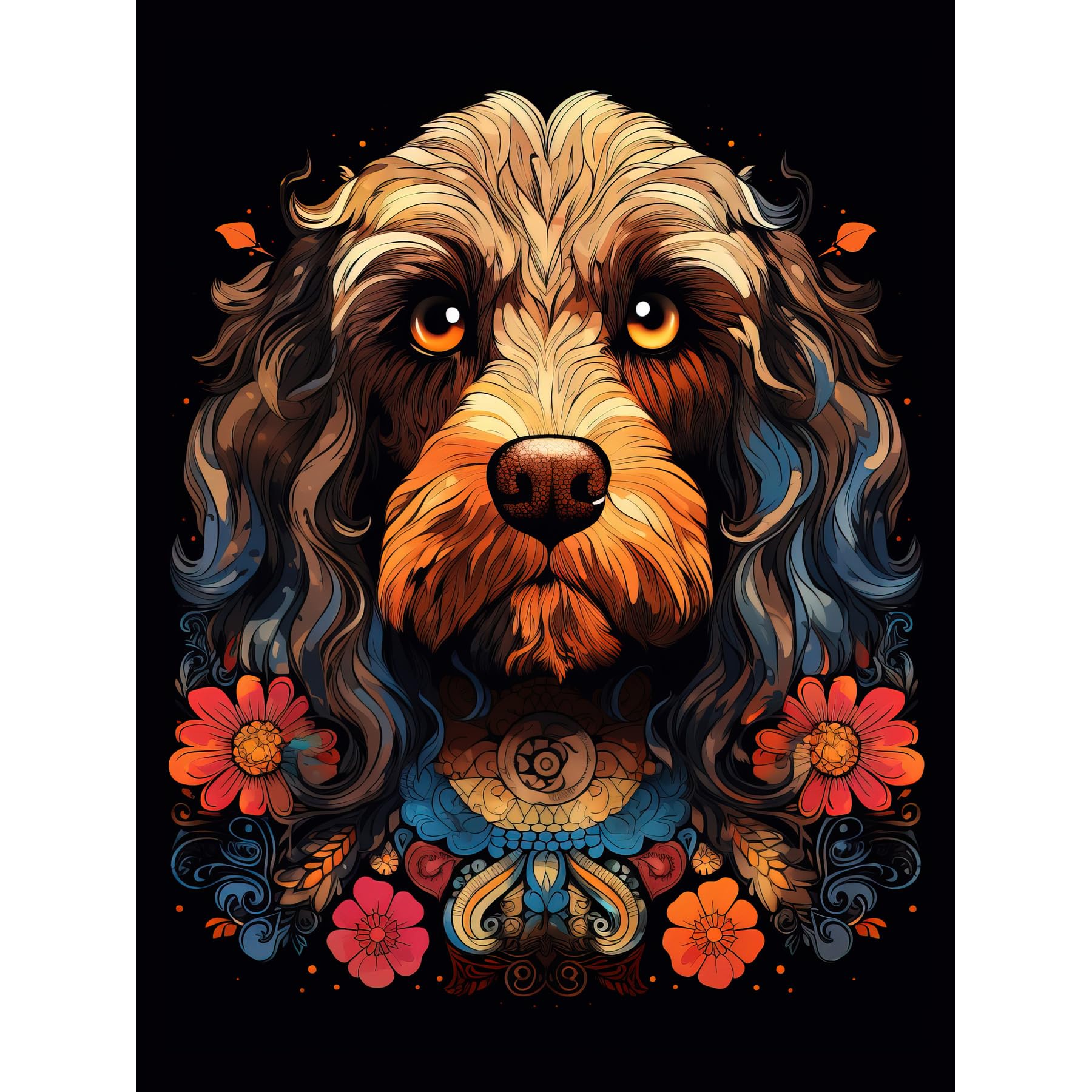 Artery8 Cockapoo Dog with Ornate Collar & Flowers Poster - Orange Pink Blue Tribal Design on Black - W18" x H24"