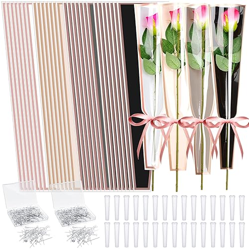 Outus Juego de 600 piezas de envoltura de flores individuales para graduación del Día de la Madre, 200 fundas de rosas individuales con 200 tubos de