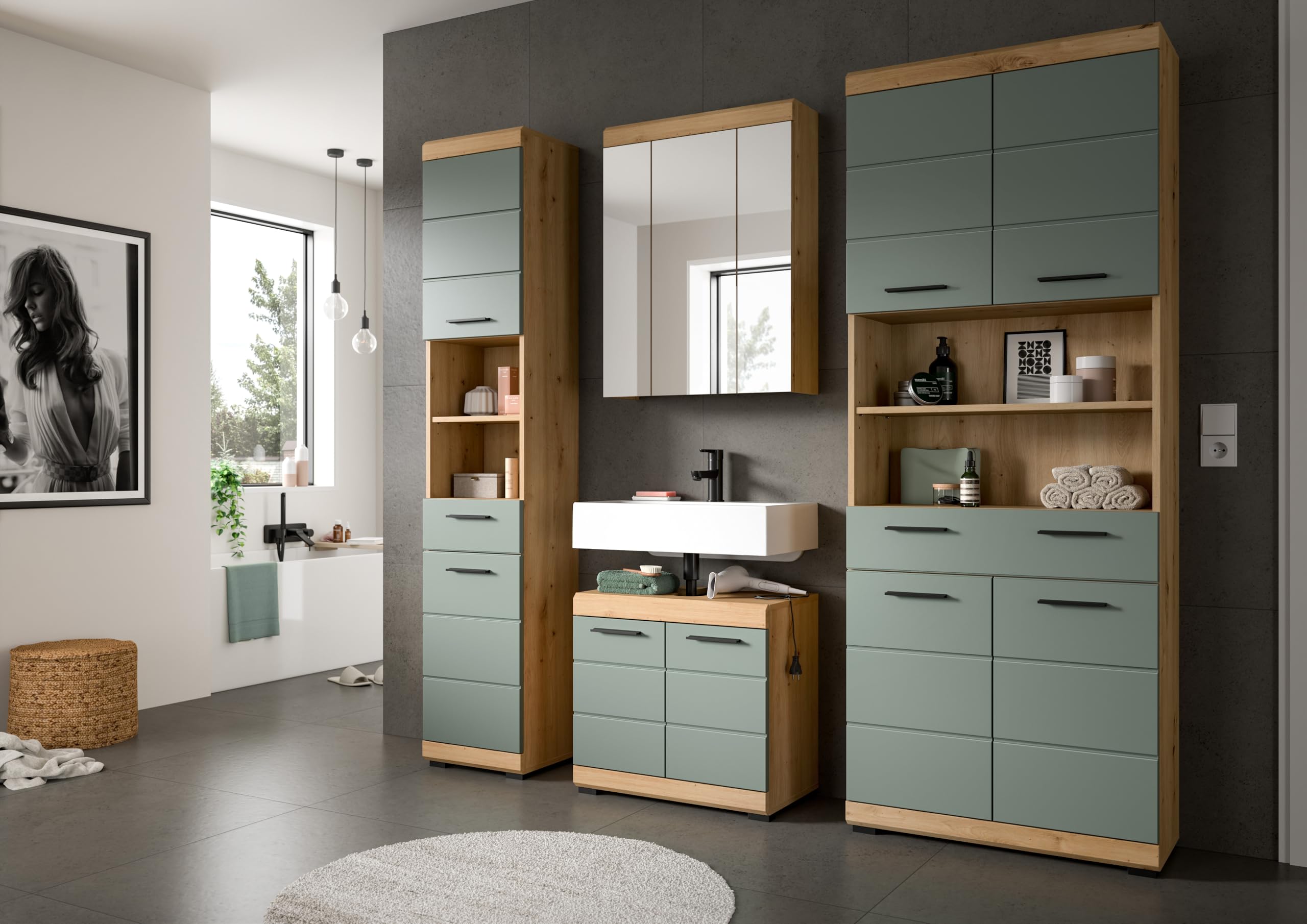 xonox.home - Hochschrank Scout 74x191x31 cm in Artisan Eiche und Salbei - Badmöbel Badset Badezimmerkombination - nordisches Design robust und langlebig hochwertig verarbeitet – Bild 4