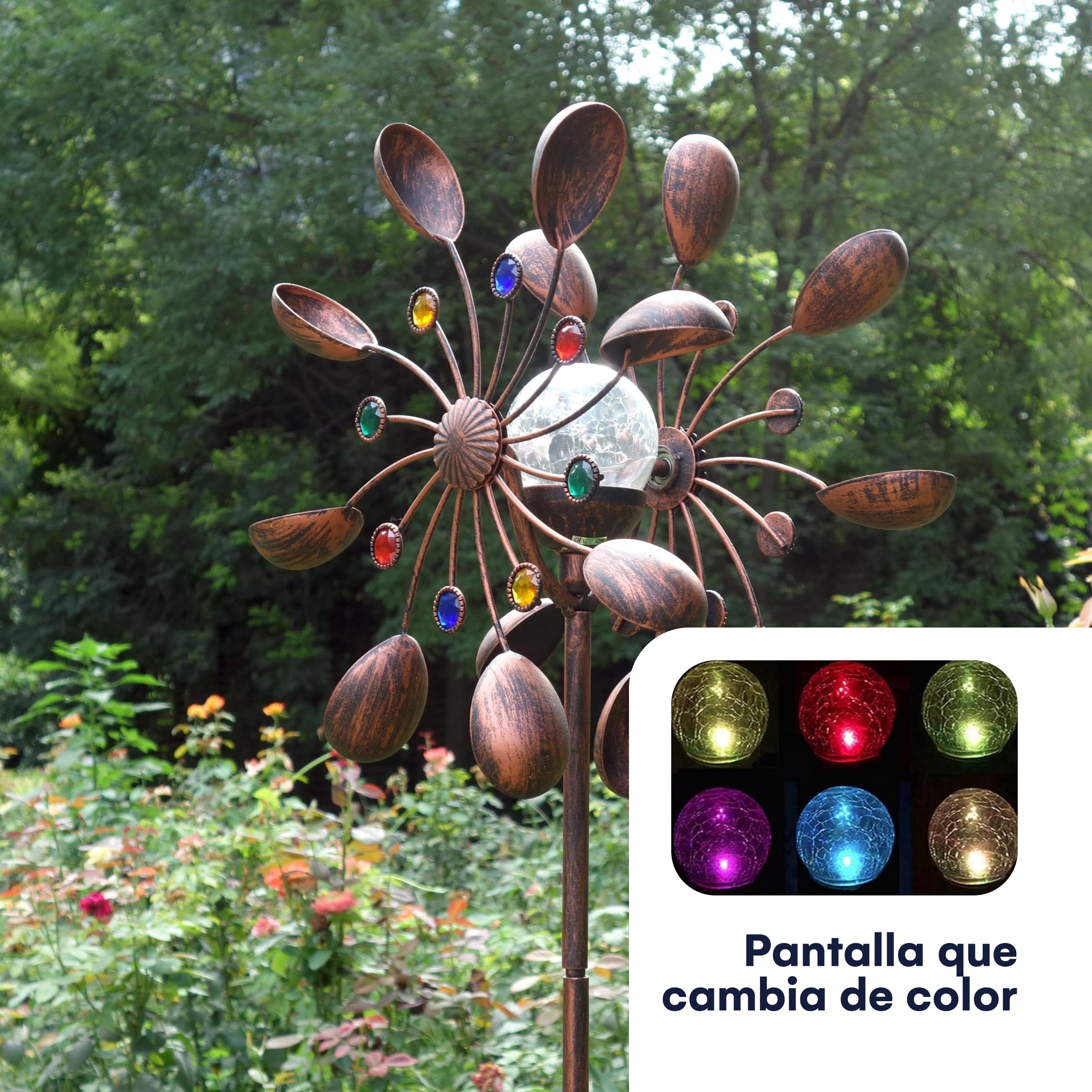 Molinillo de Viento Solar de 75 Pulgadas - Adorno de jardín con LED Que Cambia de Color, Bronce Antiguo y Doble dirección de Movimiento para césped, Patio y jardín con Estabilidad de por Vida