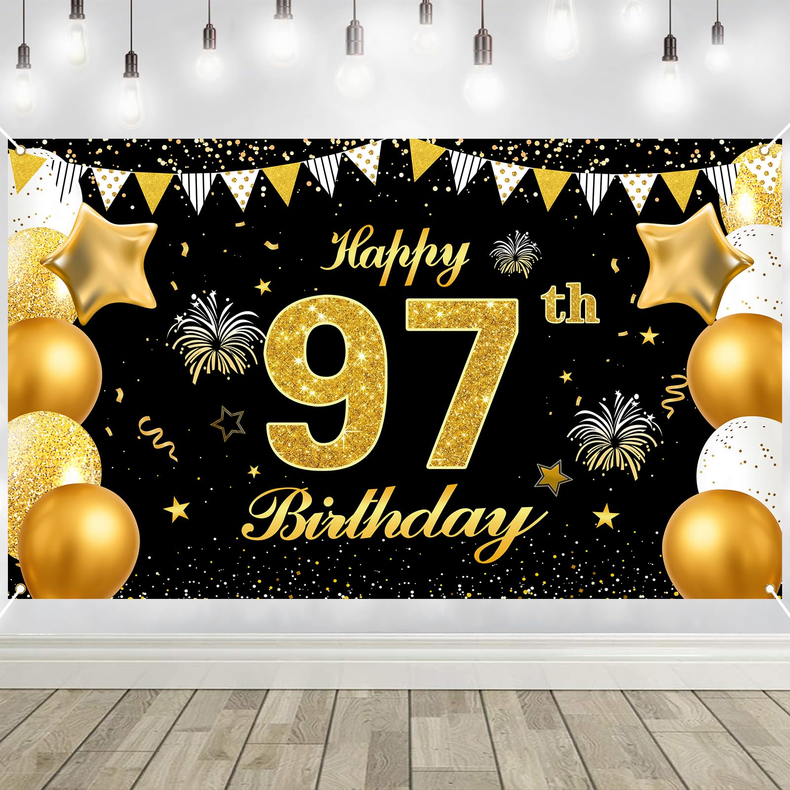97th Birthday Decorations Banner Gold Black Happy Birthday Door Banner for Party Photo Backdrop for Men Women Home Outdoor Cover Party Decoration Supplies Poster