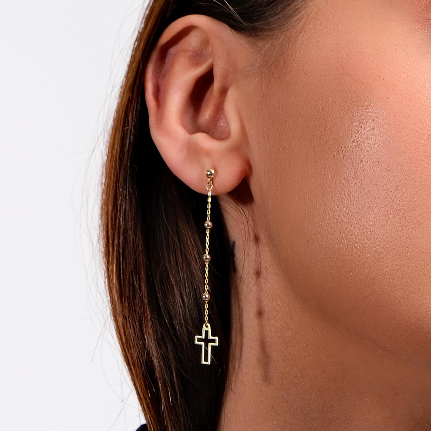 MIONZA 14K Gold Plated Cross Stud Earrings for Women, Dainty Drop Chain Dangle Earrings, Religious Jewelry Gift for Her - Image 4