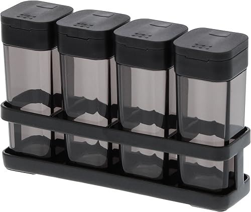 Yamazaki Botellas de especias para el hogar con estante  Contenedores organizadores de despensa de cocina, acero + plástico, 1.69 oz.  1.7 fl oz por