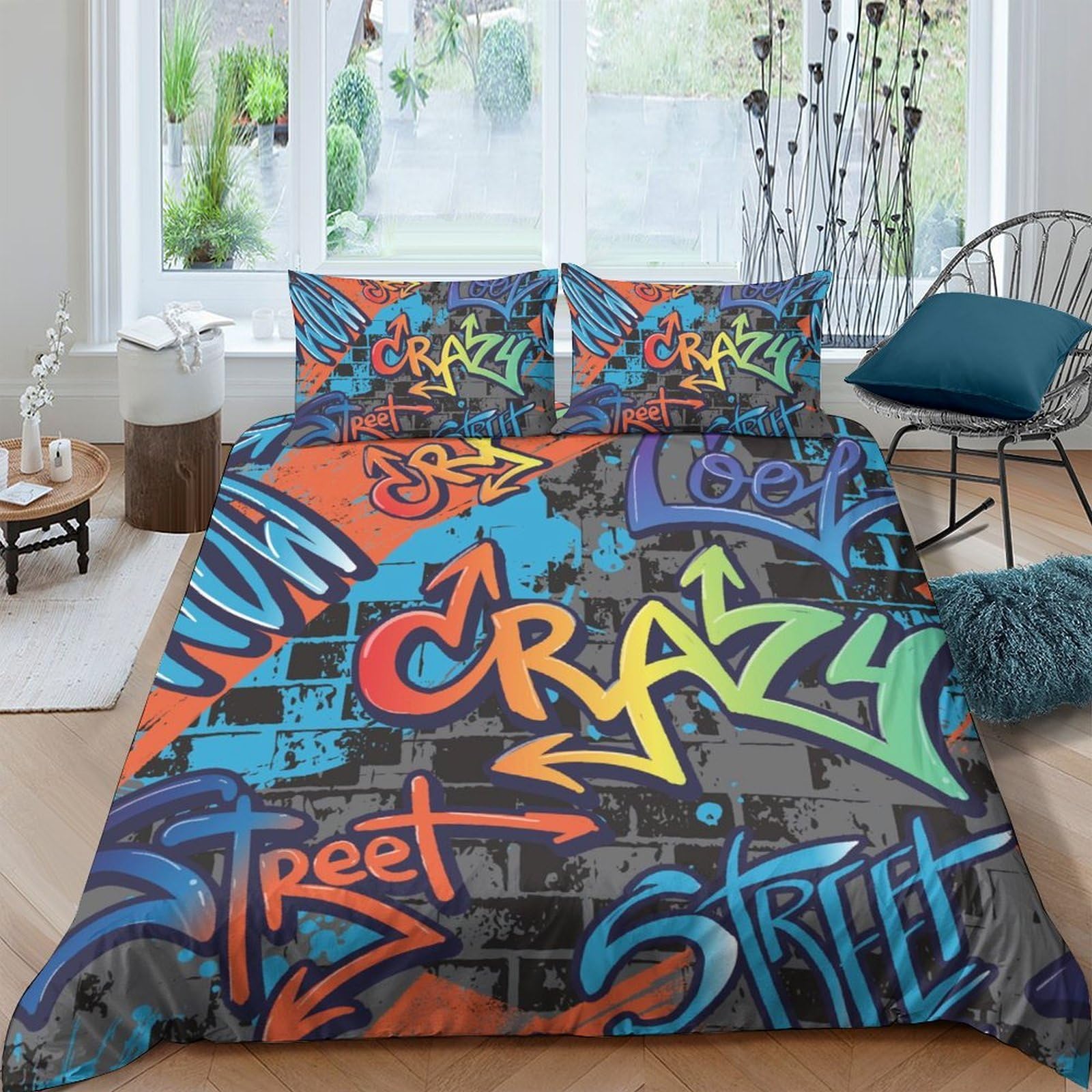 Ctjqhvkz Style-3 3D Printed Graffiti Street Art Fitted Sheet Microfiber Urban Style Mattress Cover For Bedroom Dorm Décor Single（135X200cm）