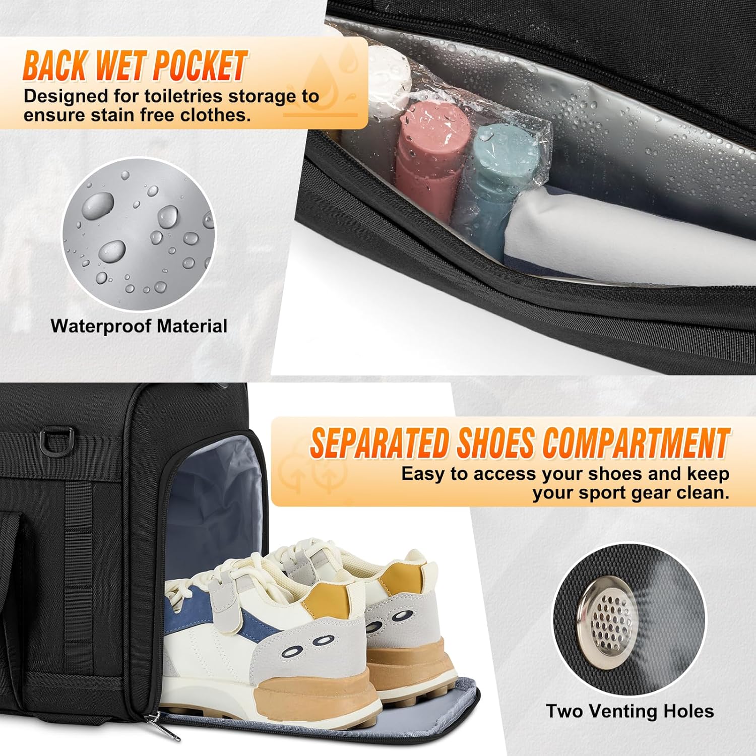 RAINSMORE Gym Bag for Men, 45L Large 3 in 1 Sports Duffle Bag with Shoes Compartment & Wet Pocket Water-Resistant Sports Travel Weekender Bag Multipurpose Carry On Overnight Tactical Backpack, Black - Image 5