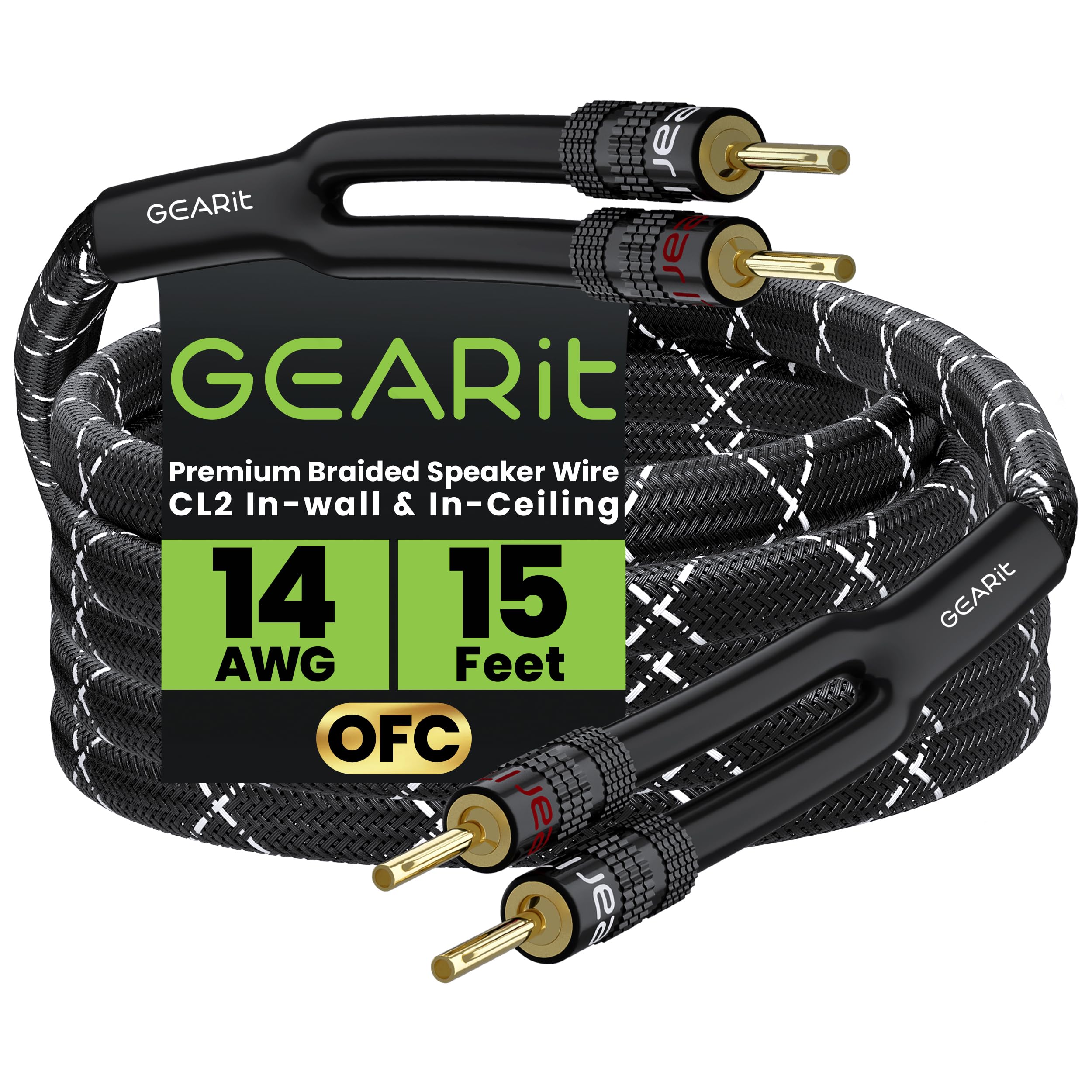 GearIT Cavo per altoparlanti Hi-Fi 2 x 2,5 mm≤ con connettori a banana (4,57 metri, nero) rame OFC privo di ossigeno, cavo per altoparlanti CL2, intrecciato resistente, calibro 14 AWG, 3,5 m
