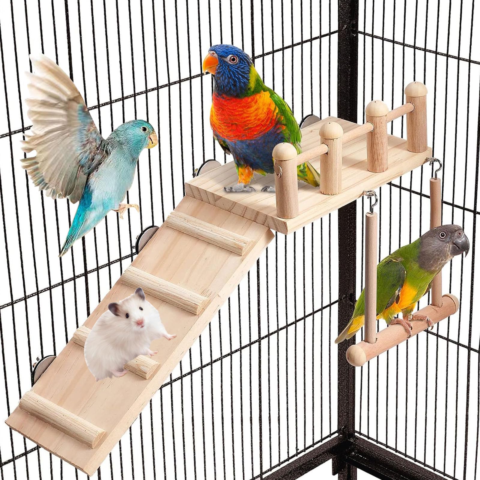 Bird Play Stand Wooden Parrot Playpen Exercise Gym Training Bird Perches Platform with Climbing Ladder & Swing for Bird Hamster Parrot Toys Sets