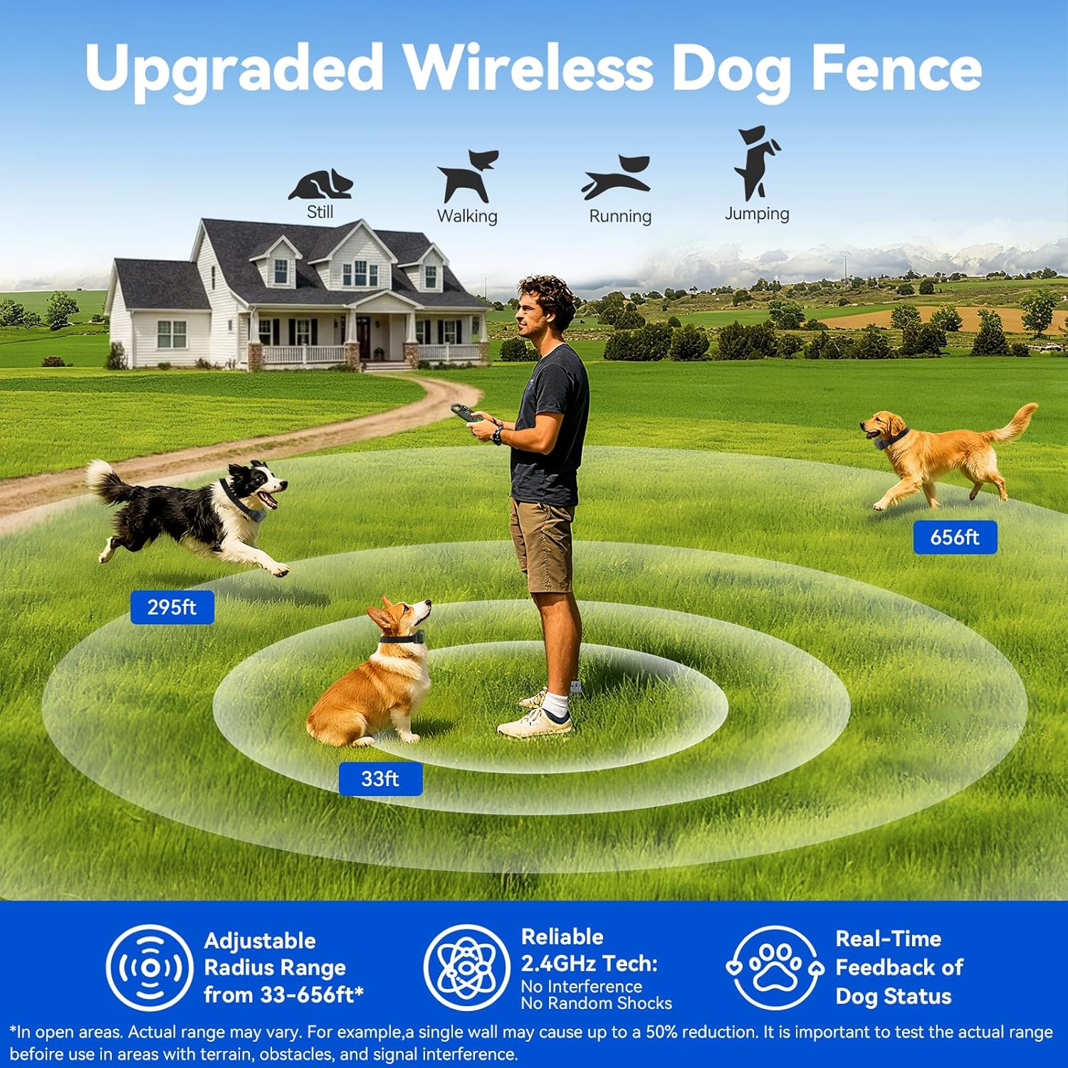 wireless dog fence for 2 dogs - electric dog fence wireless, perimeter dog collar with adjustable radius up to 656 ft in open areas, outdoor use, waterproof, rechargeable (olive green - for 2 dogs) medium - extra large green - 2 collars