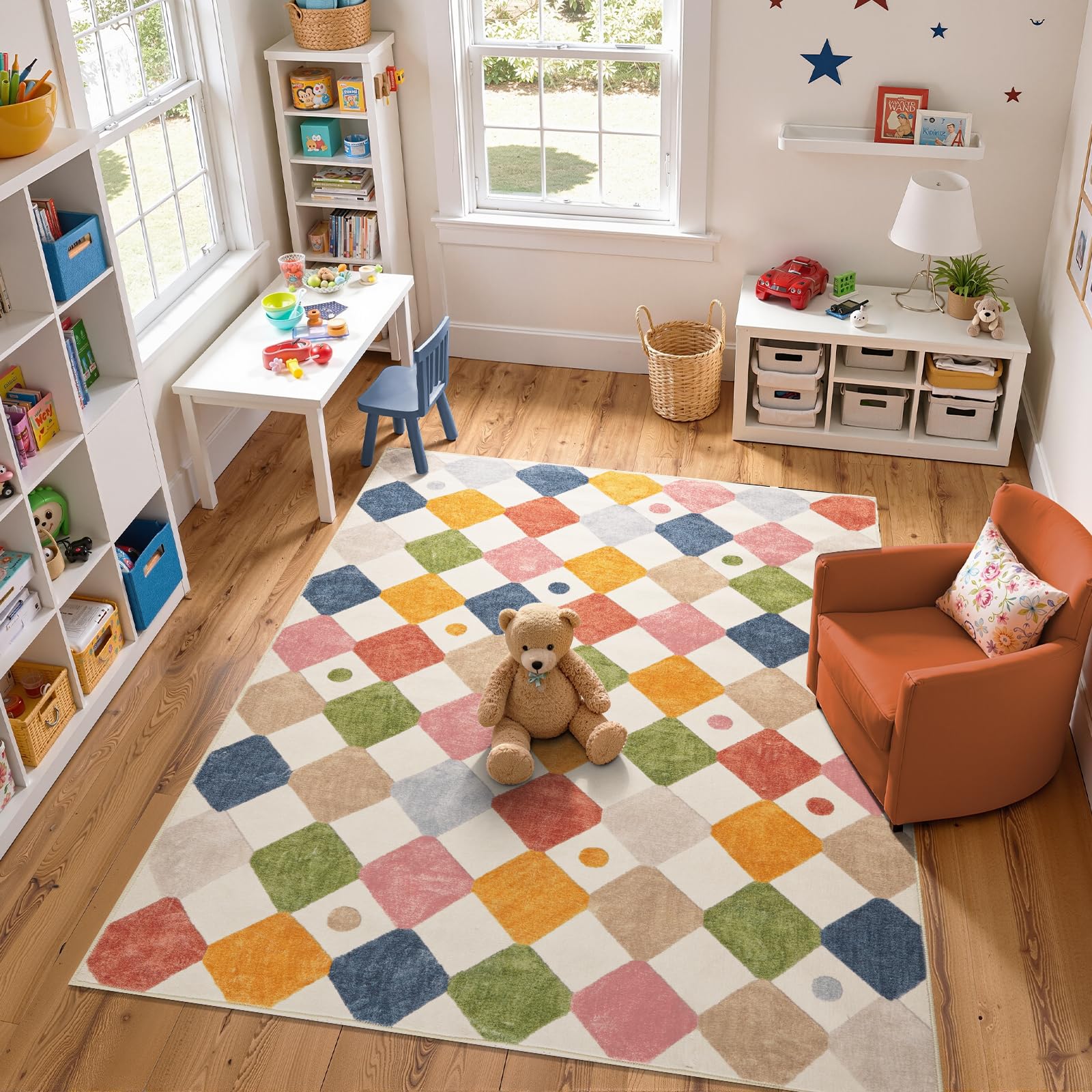 jinchan Area Rug 6x9 Kids Washable Rug Indoor Floor Cover Non Slip Modern Soft Rug Living Room Diamond Carpet for Classroom Nursery Playroom Bedroom Circus on Cream