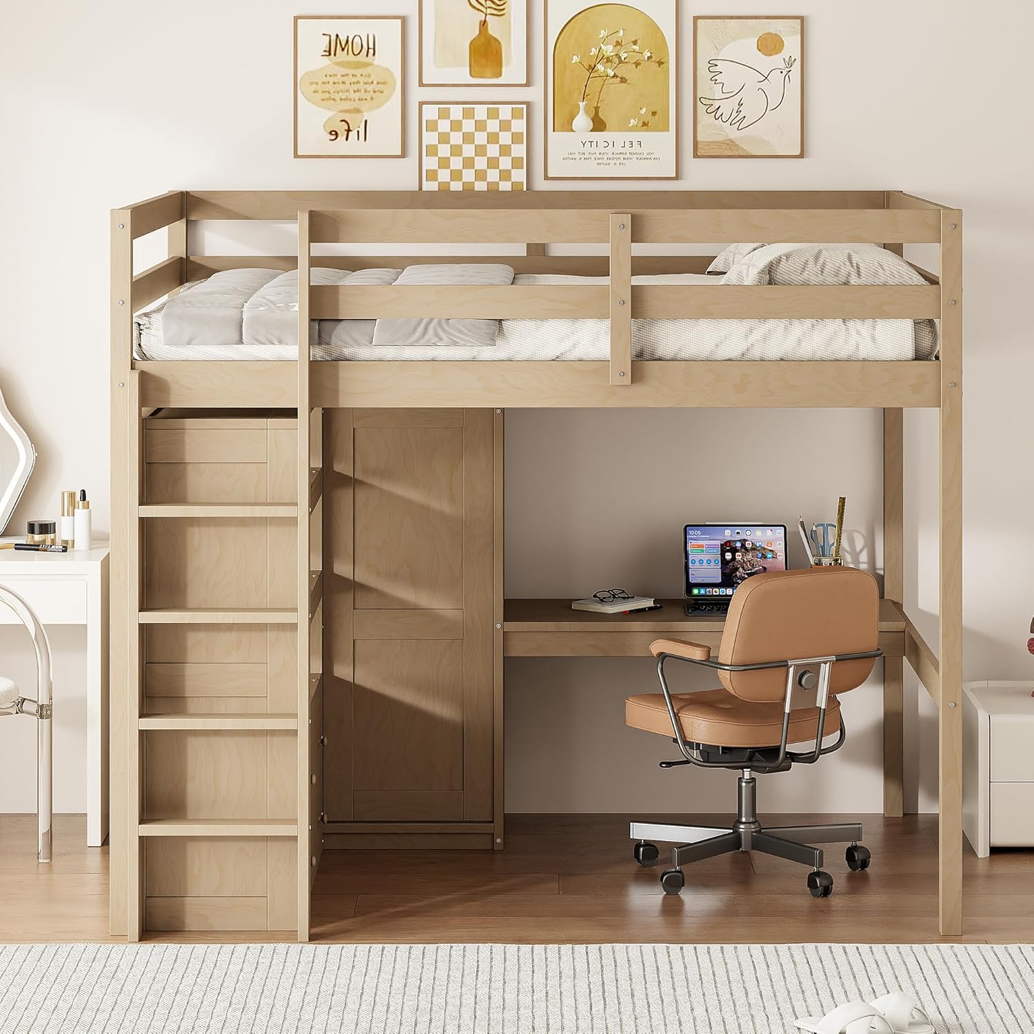 Full Size Loft Bed Frame with Built-in Wardrobe, Desk, Storage Shelves and Drawers, Multifunctional Wood Loft Bed with Desk & Stairway for Kids Boys Girls Teens (Walnut)