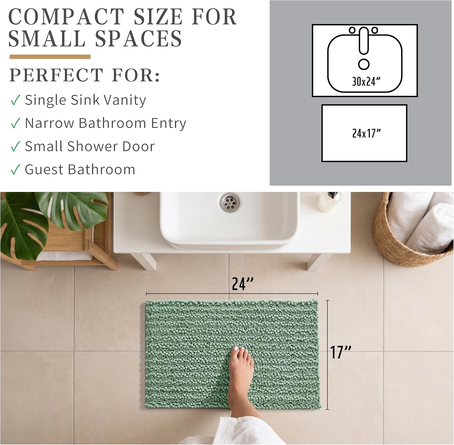  Bathroom Rugs Non Slip Washable - Ultra Soft Absorbent Chenille Bath Mat, Quick Dry Shaggy Floor Carpet for Tub Shower, Green Home Decor Accessories, 24x17 Inch thumbnail