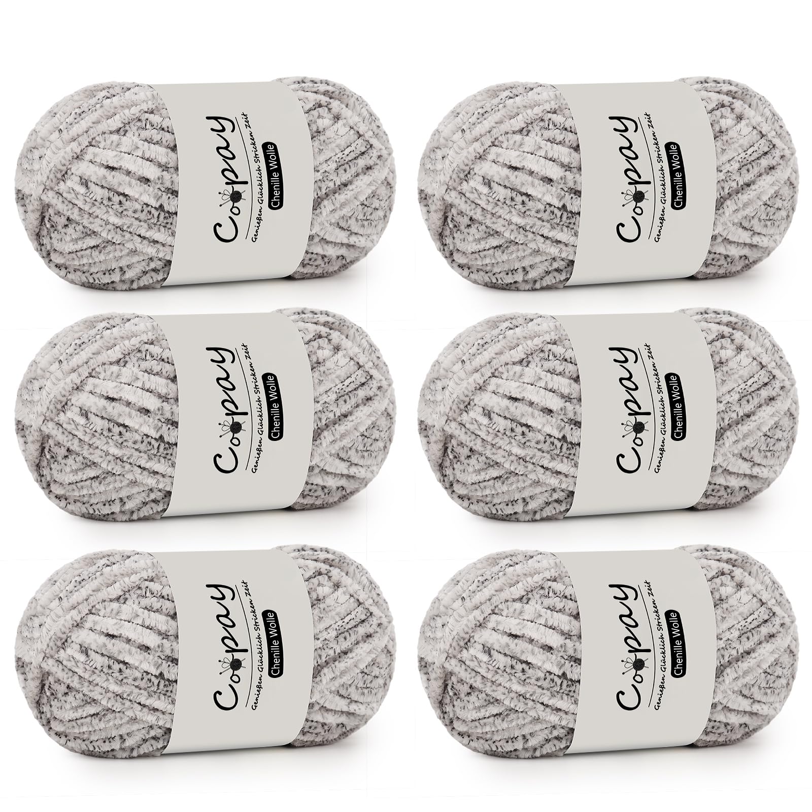 Coopay Chenille Wolle zum Häkeln, 6x100g Weiche Samtig Chenillegarn, Flauschige Dicke Wolle zum Stricken, Warme Plüschwolle Häkelgarn für Decken, Schals, Mützen