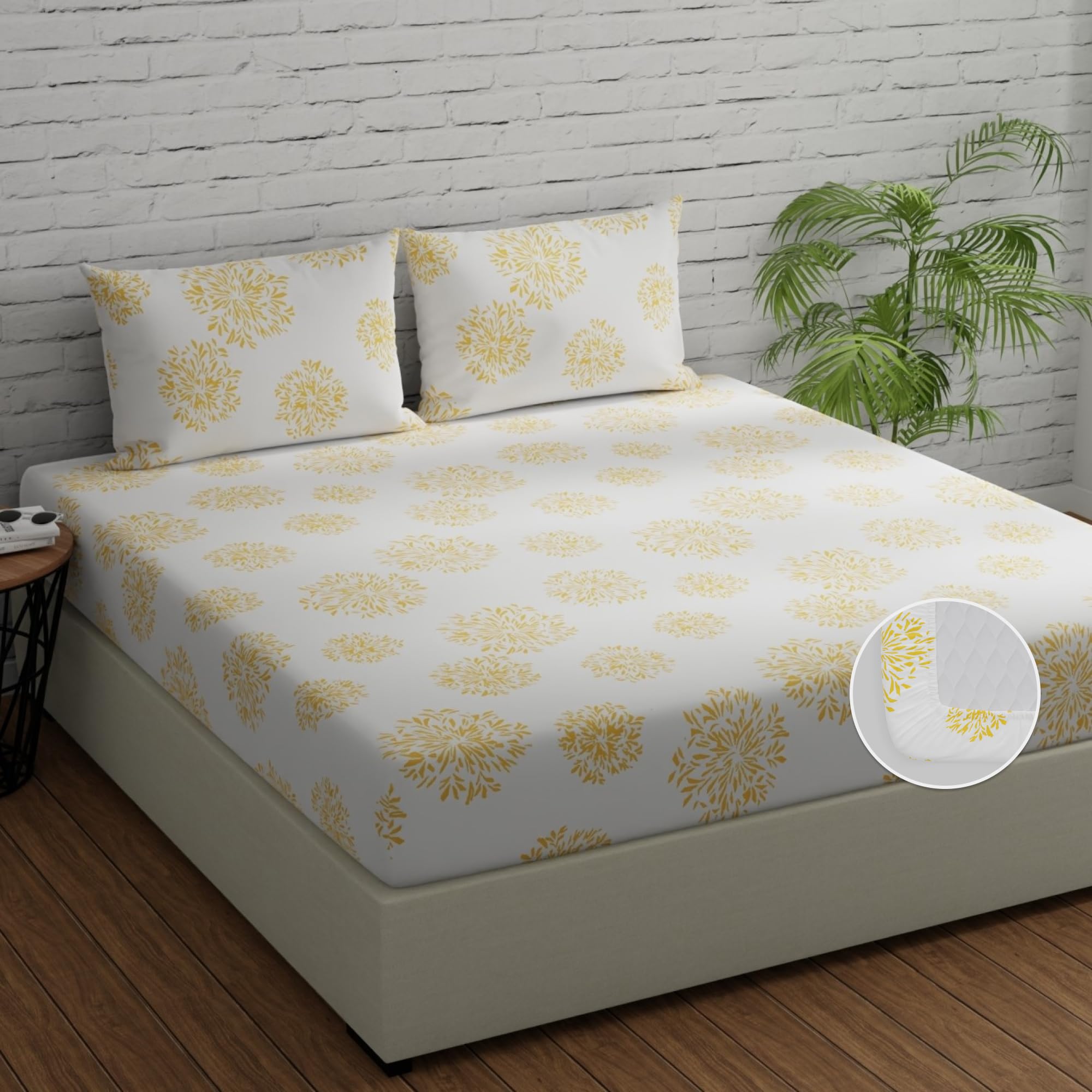 Huesland by Ahmedabad Cotton 144 TC Cotton Fitted Bedsheets King Size with 2 Pillow Covers | 72 x 78 inches | White (Yellow Print)