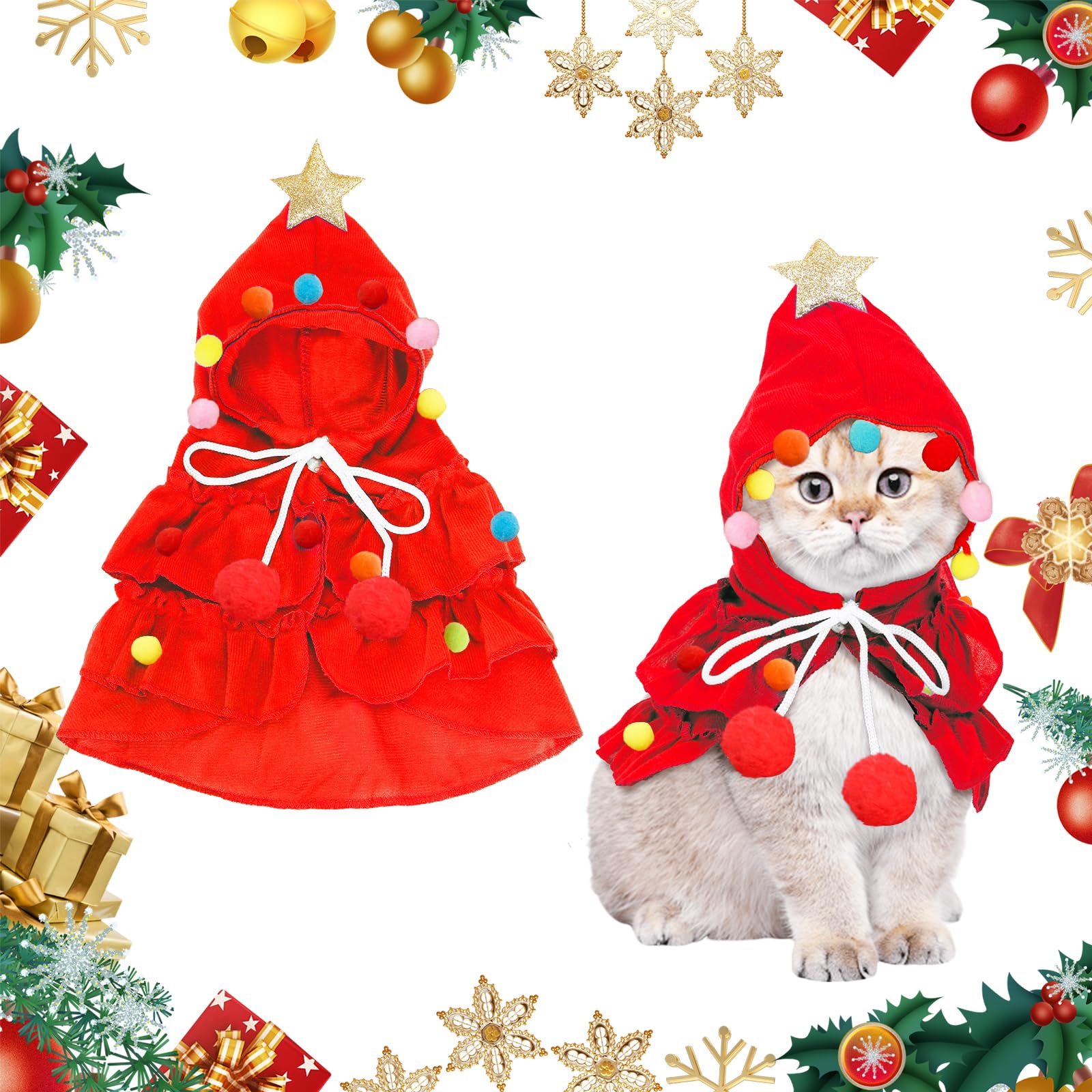 Pet Christmas Costume, Cat Christmas Cloak with Star Hat, Lovely Xmas Tree Shape Dog Costume Cat Cloak with Adjustable Rope for Cats Puppy Kitten Small Dogs Pets Cosplay Party Xmas New Year, Red