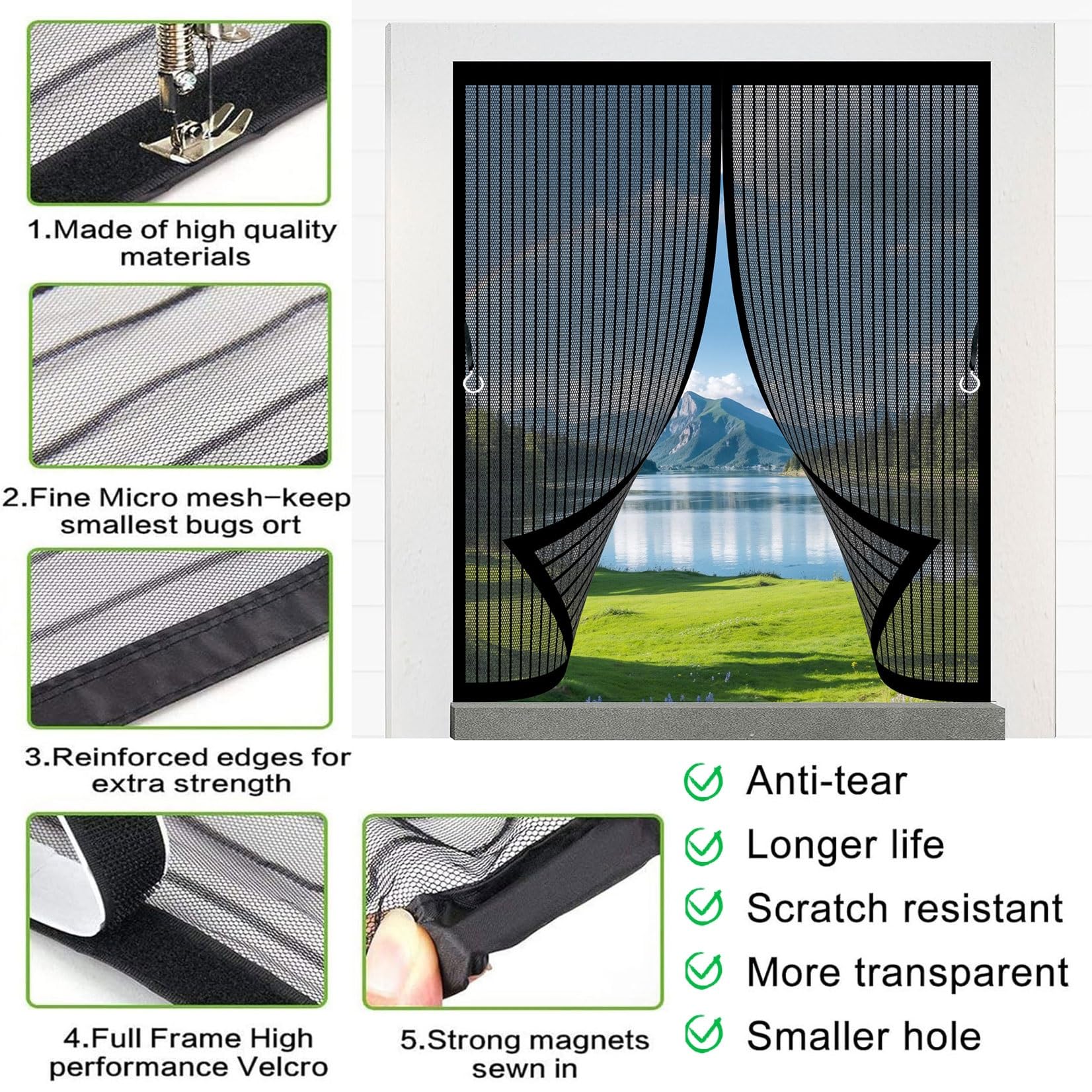 Magnet Fliegengitter Fenster 146 x 205 cm (Anpassbar) Extra Starke Magnete Magnet-Verschluss Insektenschutz Fliegengitter mit Selbstklebendes Klettband für Balkontür Terrassentür, Schwarz