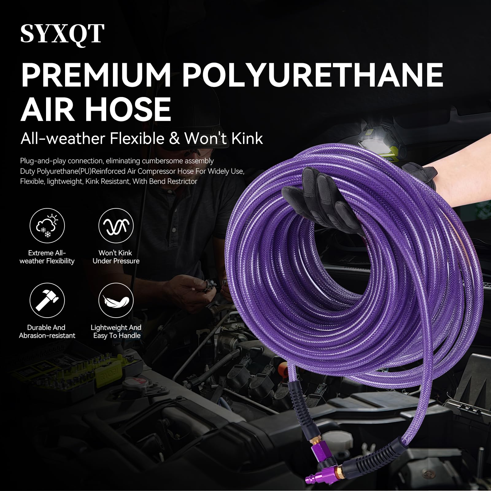 Manguera de aire reforzada de poliuretano (PU) de 1/4 pulgadas x 100 pies, con acoplador rápido universal de aluminio sólido giratorio de 1/4 pulgadas y enchufe, restrictor de flexión, morado