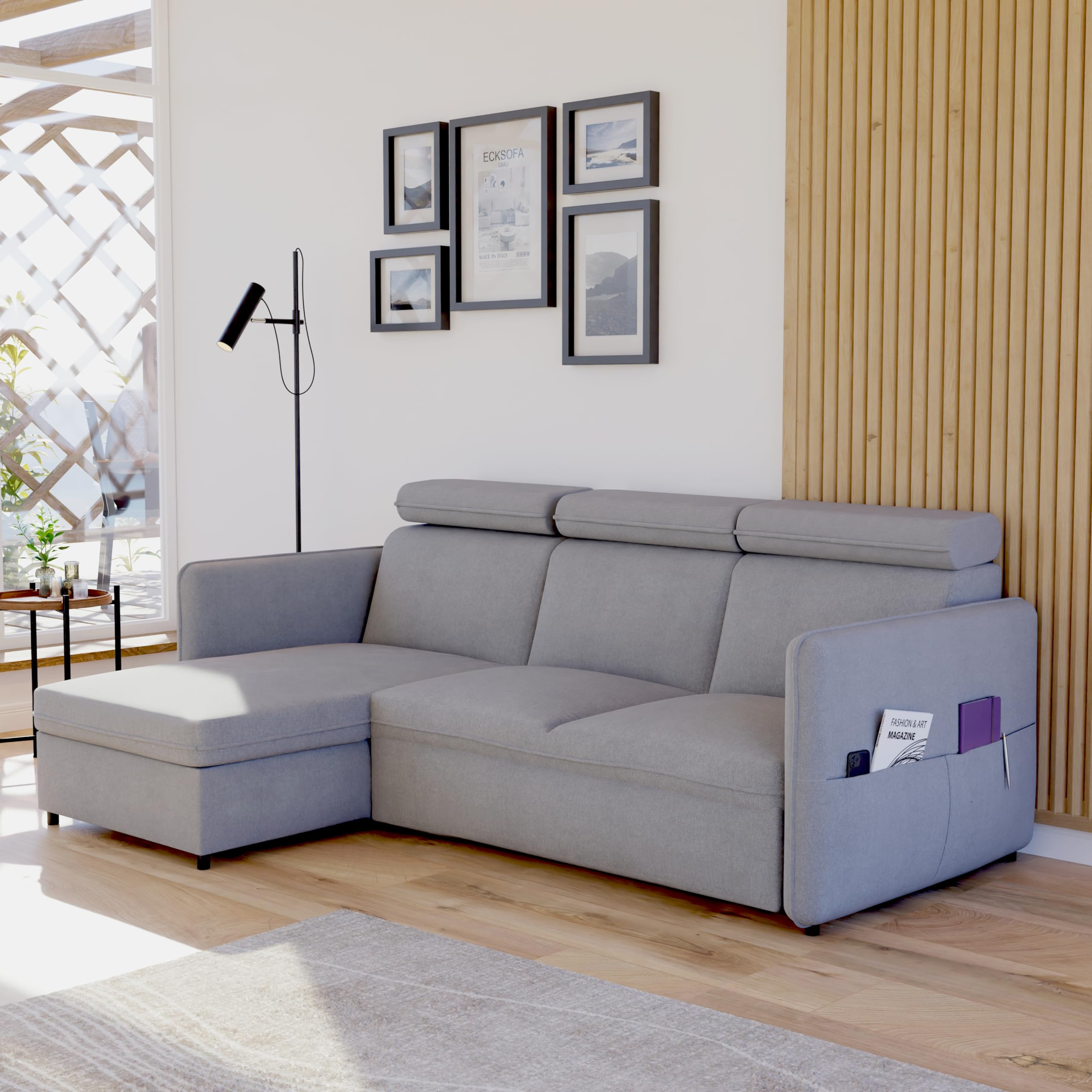 Ecksofa mit Schlaffunktion und Bettkasten 220 x 160 cm Hellgrau