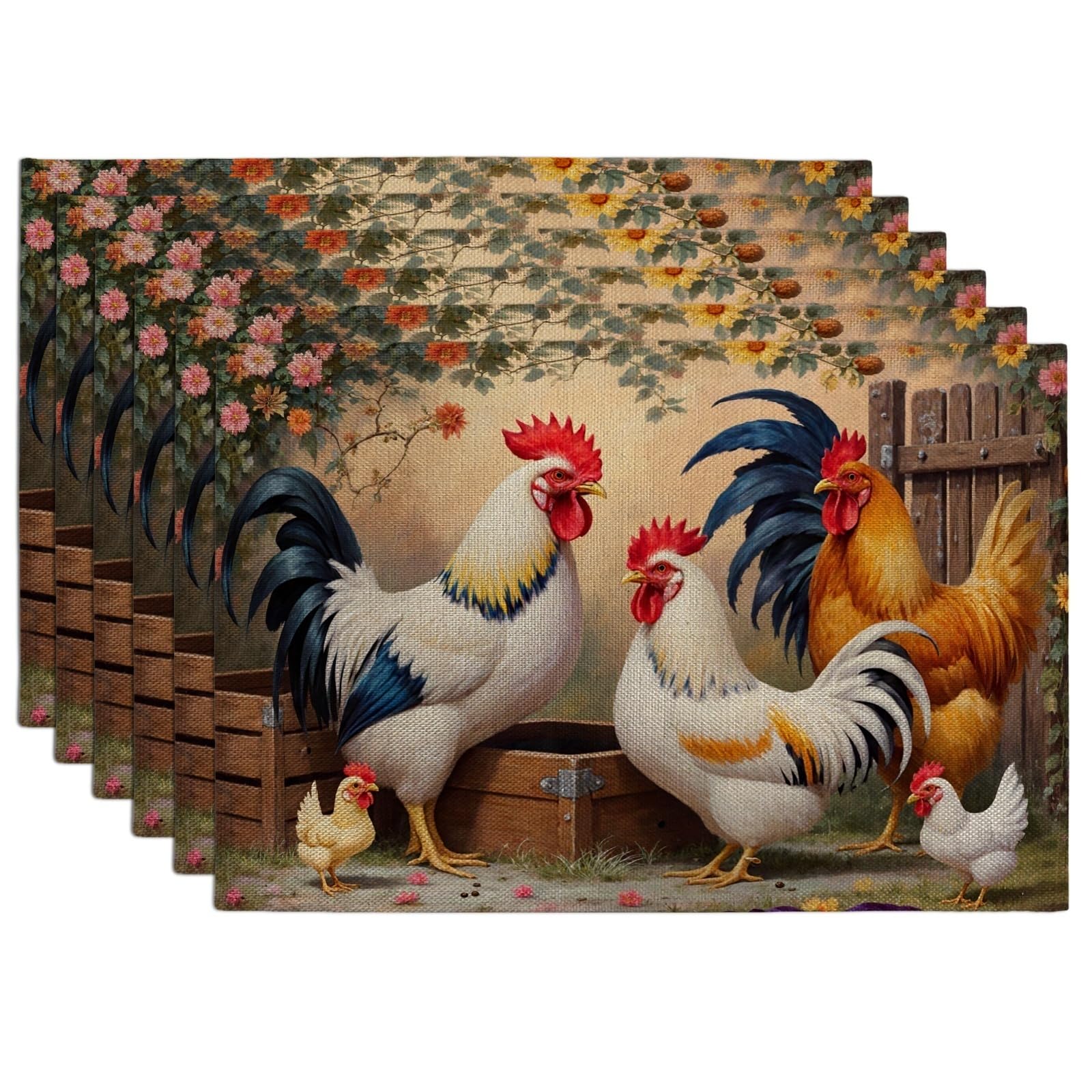 Farmhouse Rooster Placemats, Vintage Country Style Table Mats for Dining, Rustic Spring Decor Non-Slip Washable Indoor Outdoor Kitchen Party Decorative Placemat Set of 6