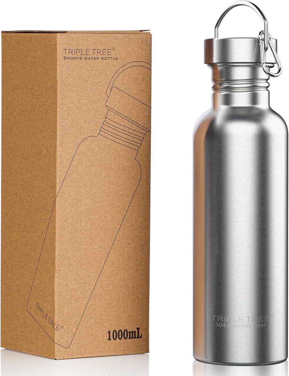 TRIPLE TREE 34 oz Sports Water Bottle with Hook, BPA Free Large Uninsulated Travel Water Container 1 Liter, Single Wall Stainless Steel Metal for Fitness Gym Cycling Runners Hikers Camping, Silver