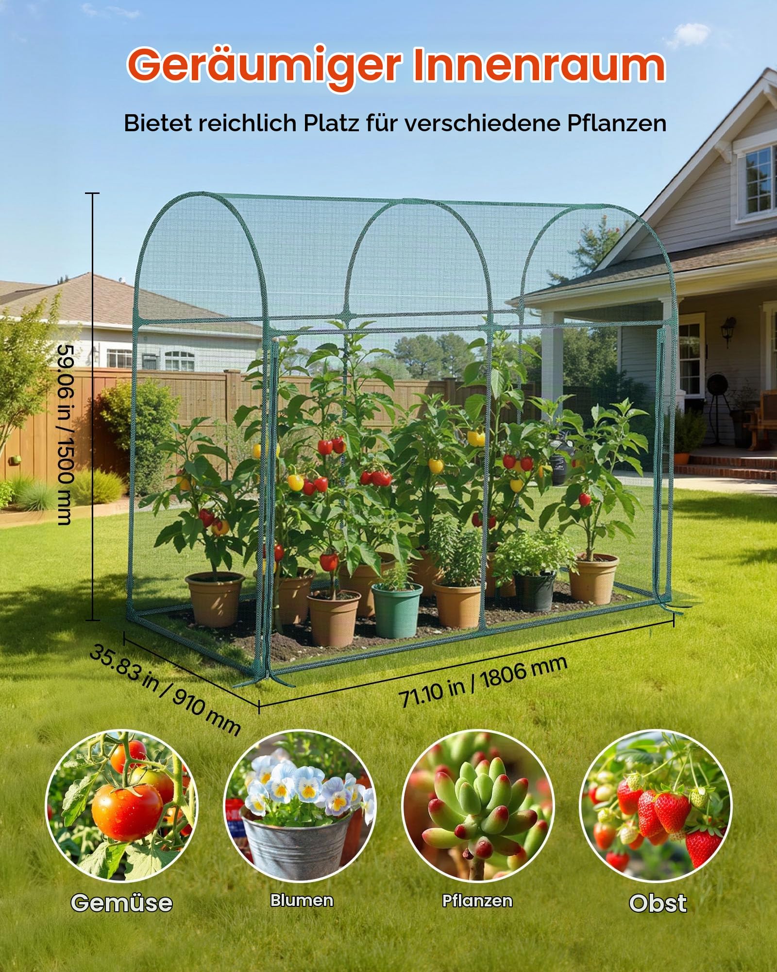 VEVOR Pflanzenschutzzelt, 1806x910x1500 mm Pflanzenschutznetz mit Rahmen, Tür mit Reißverschluss, windbeständig, Pflanzenkäfig Gewächshaus für erhöhte Beete im Freien, Garten, Terrasse