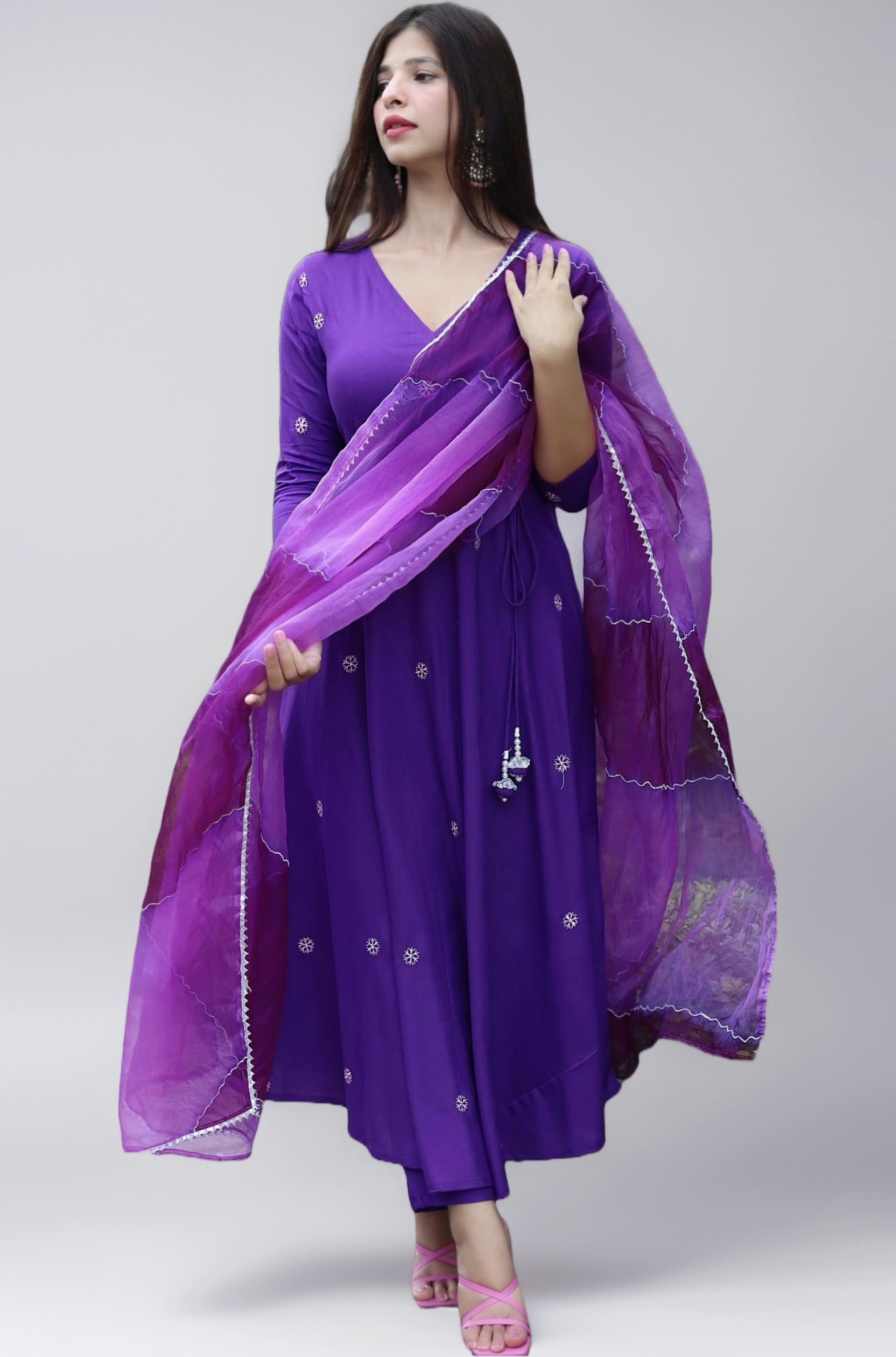 GoSriKi Women's Cotton Blend Anarkali Embroidered Kurta with Pant & Dupatta