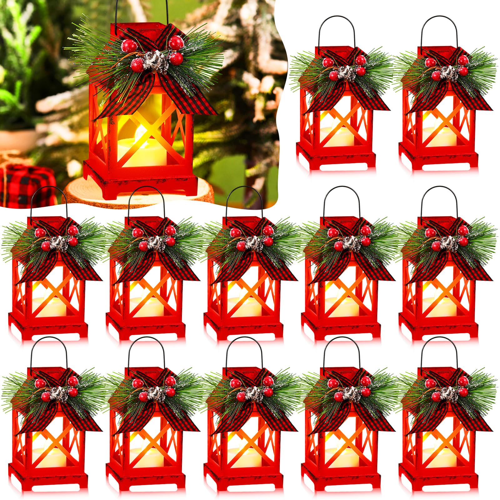Baquler 12 faroles decorativos de Navidad con vela LED de 5.5 pulgadas, mini linternas de Navidad a granel, linternas colgantes vintage, linternas decorativas de Navidad para centro de mesa, al aire