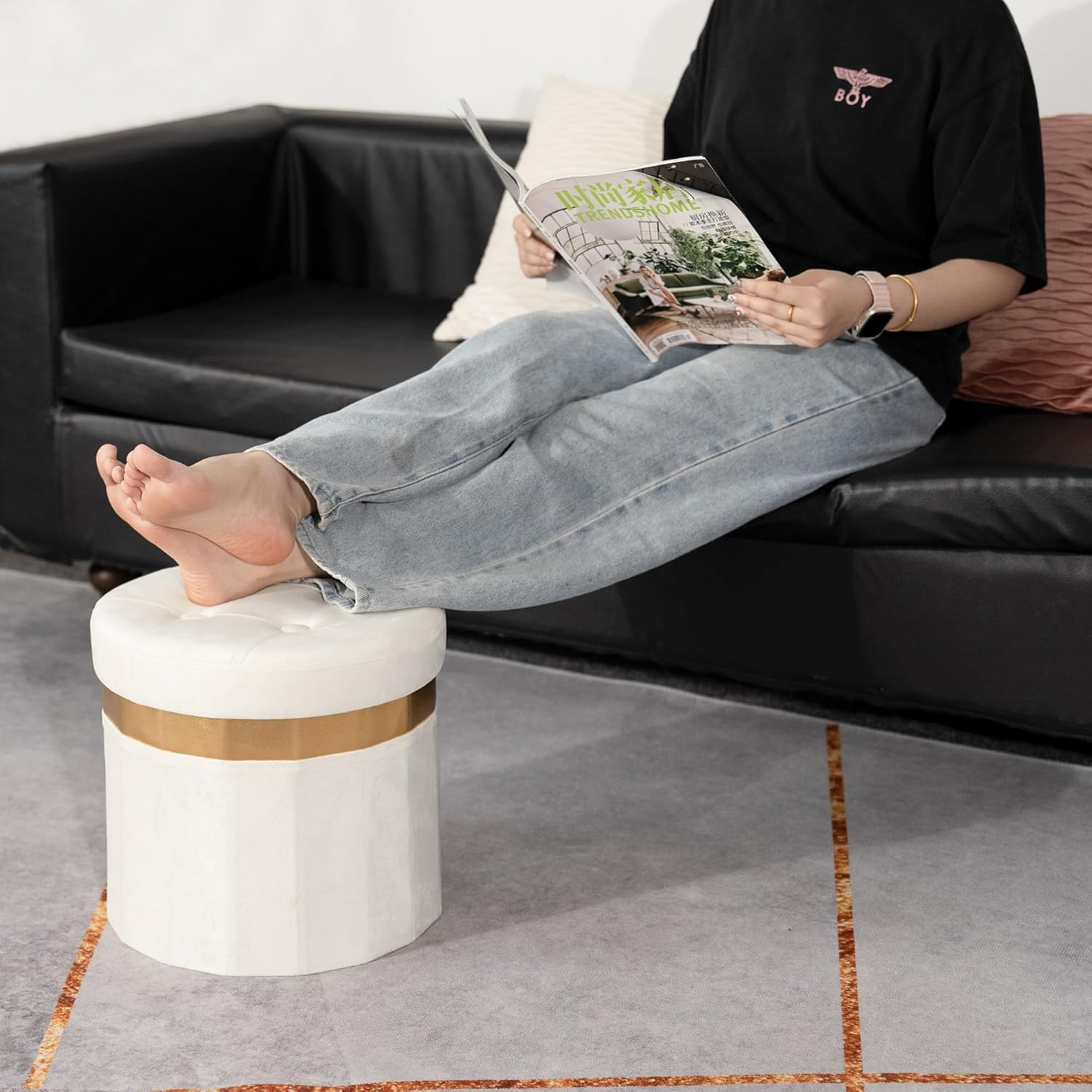 Small Ottoman with Storage,Folding Round Ottoman with Gold Trim,Velvet Storage Stool,Foot Stool with Soft Padded,Foot Rest for Living Room13“x13”x12.4(Beige,2pcs)