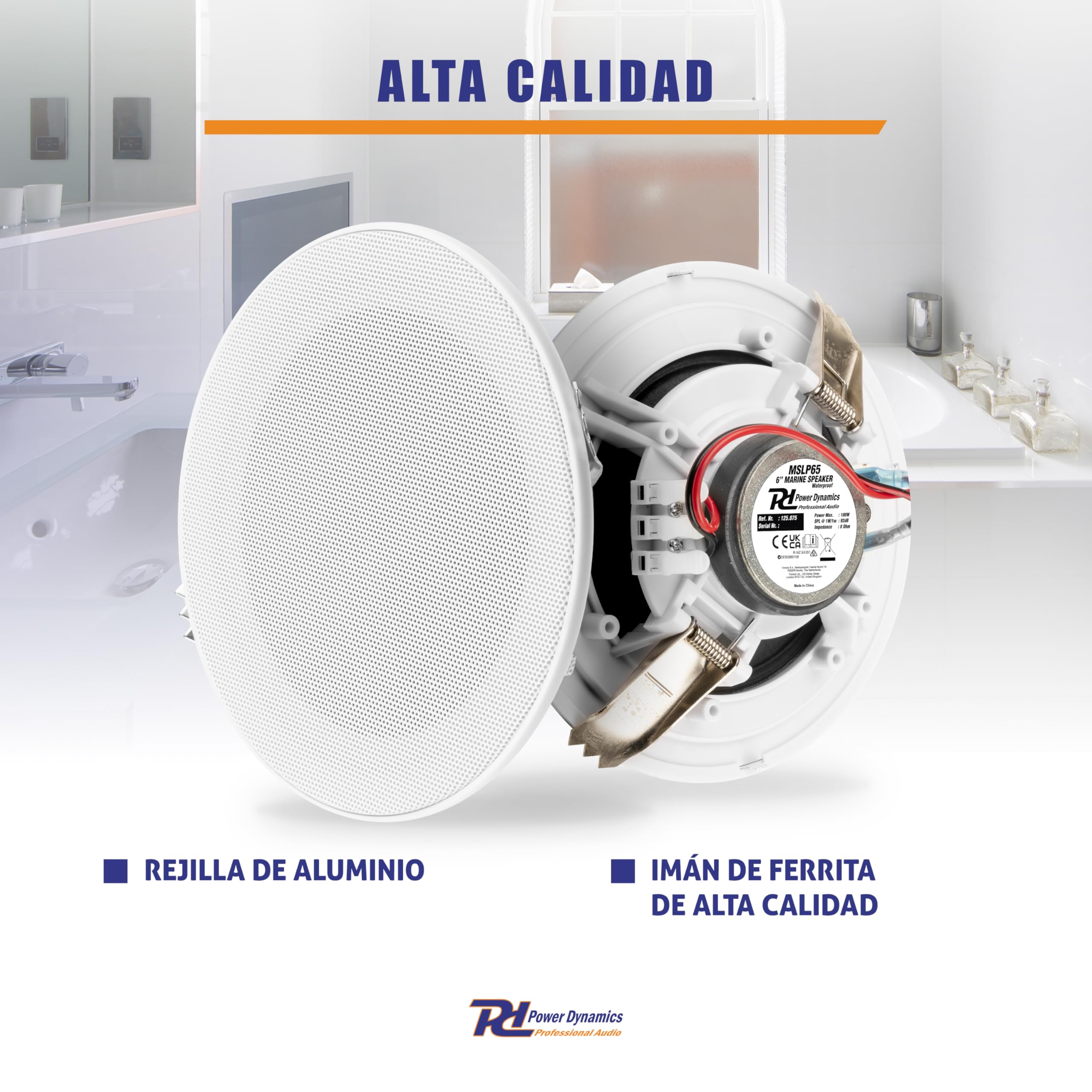 Power Dynamics MSLP65 Dos Altavoces de techo marinos resistentes al agua - 6 pulgadas 100W, altavoz con clasificación IP para baño, doble cono, fácil instalación para zonas húmedas - altavoz para baño