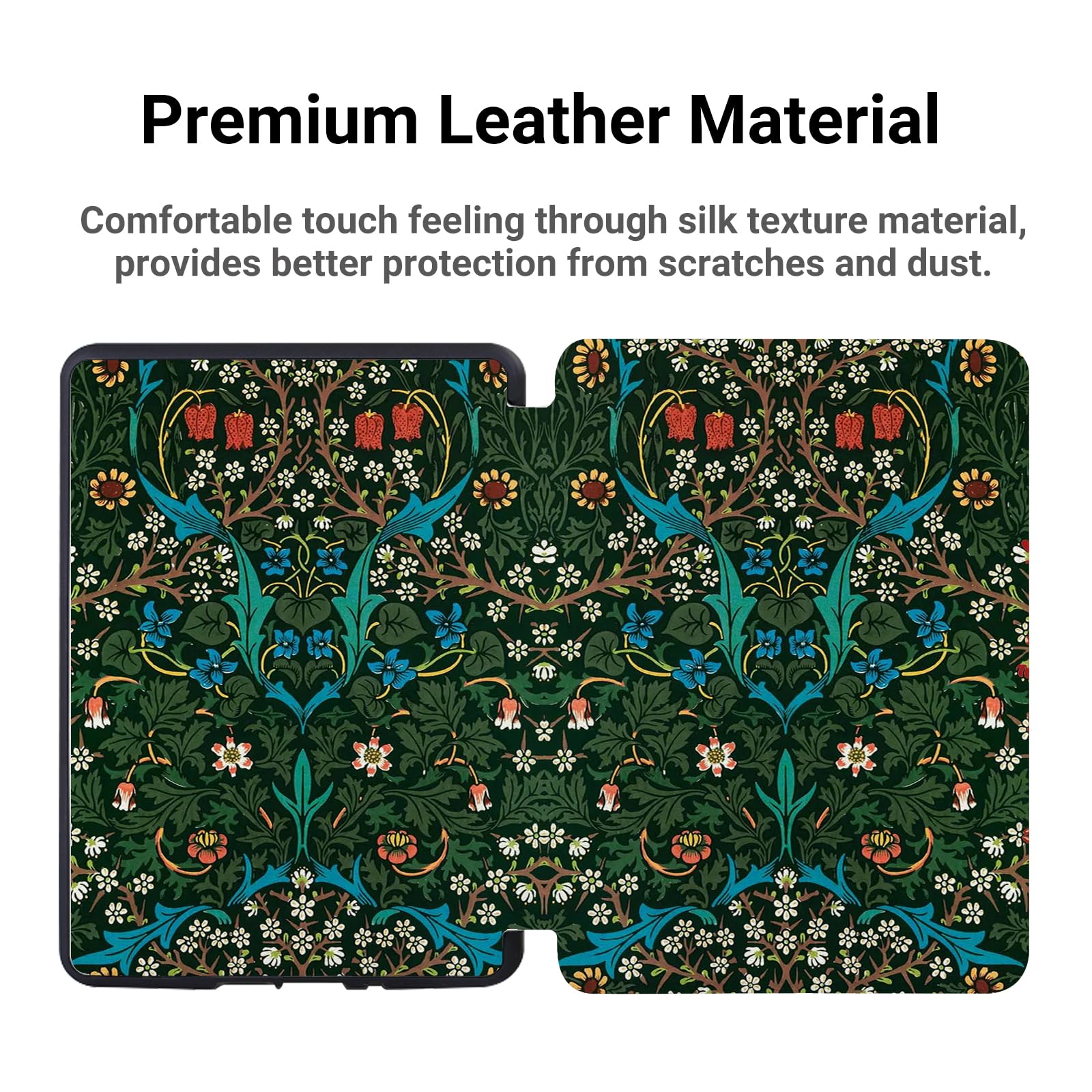 Schutzhülle für alle Kindle 15,2 cm (6 Zoll) Kindle 2024 und 2022 (11. Generation), niedlich, schlank, leicht, mit Handschlaufe, PU-Leder mit grünem Blumenmalerei-Design, William Morris