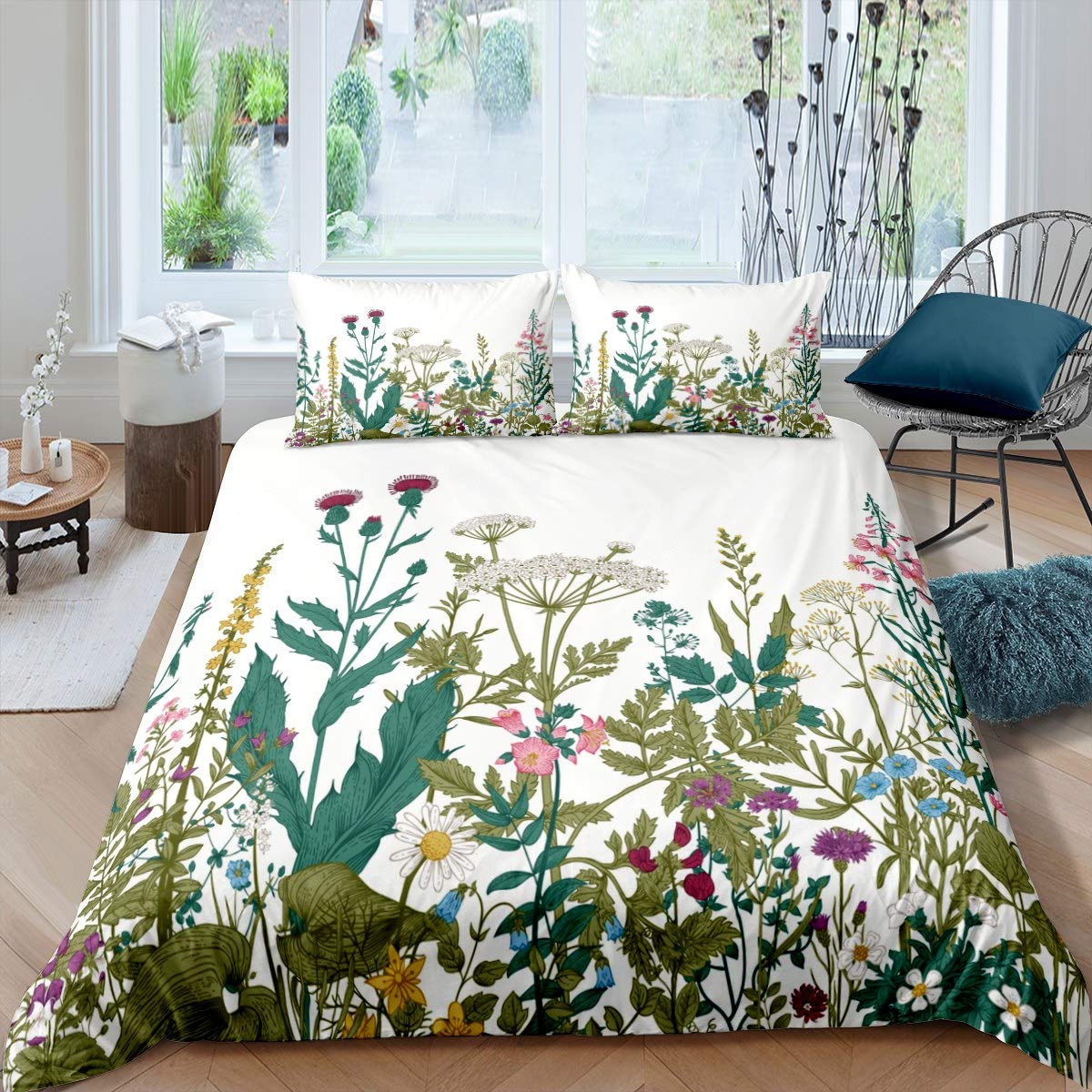 Loussiesd Botanical Duvet Cover Floral Print Bedding Set for Kids Women Adults Leaves and Branches Comforter Cover Blossom Flowers Bedspread Cover Bedroom Collection 3Pcs Double Size