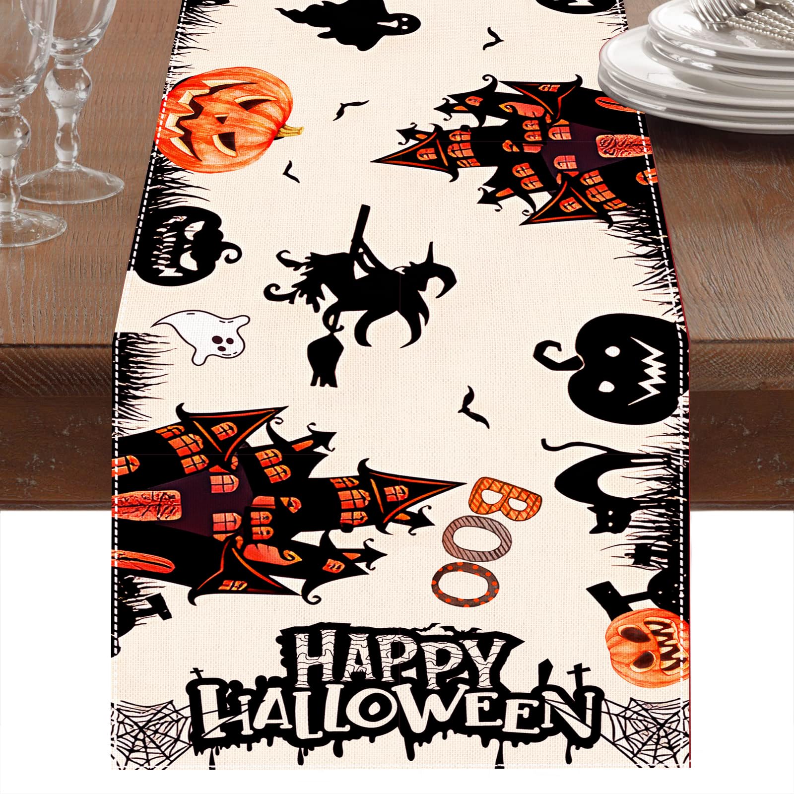 NetnologyBlack White Spooky Halloween Table Runner with Pumpkin Ghost Witch Black Cat Bat Spider Web, Fall Halloween Party Decoration Holiday Indoor Home Kitchen Table Decor 13 x 72 Inch