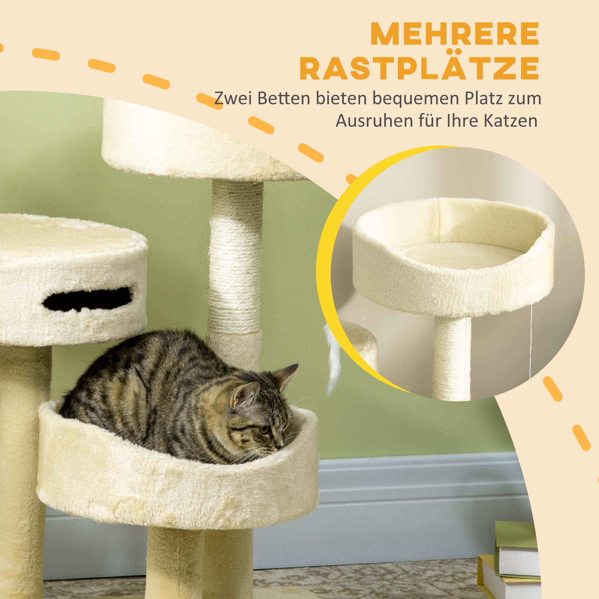 PawHut Kratzbaum Für Katzen Mit Haus, Sitzflächen Und Spielmaus – 70 Cm Hoch, Grau, Plüschbezogen