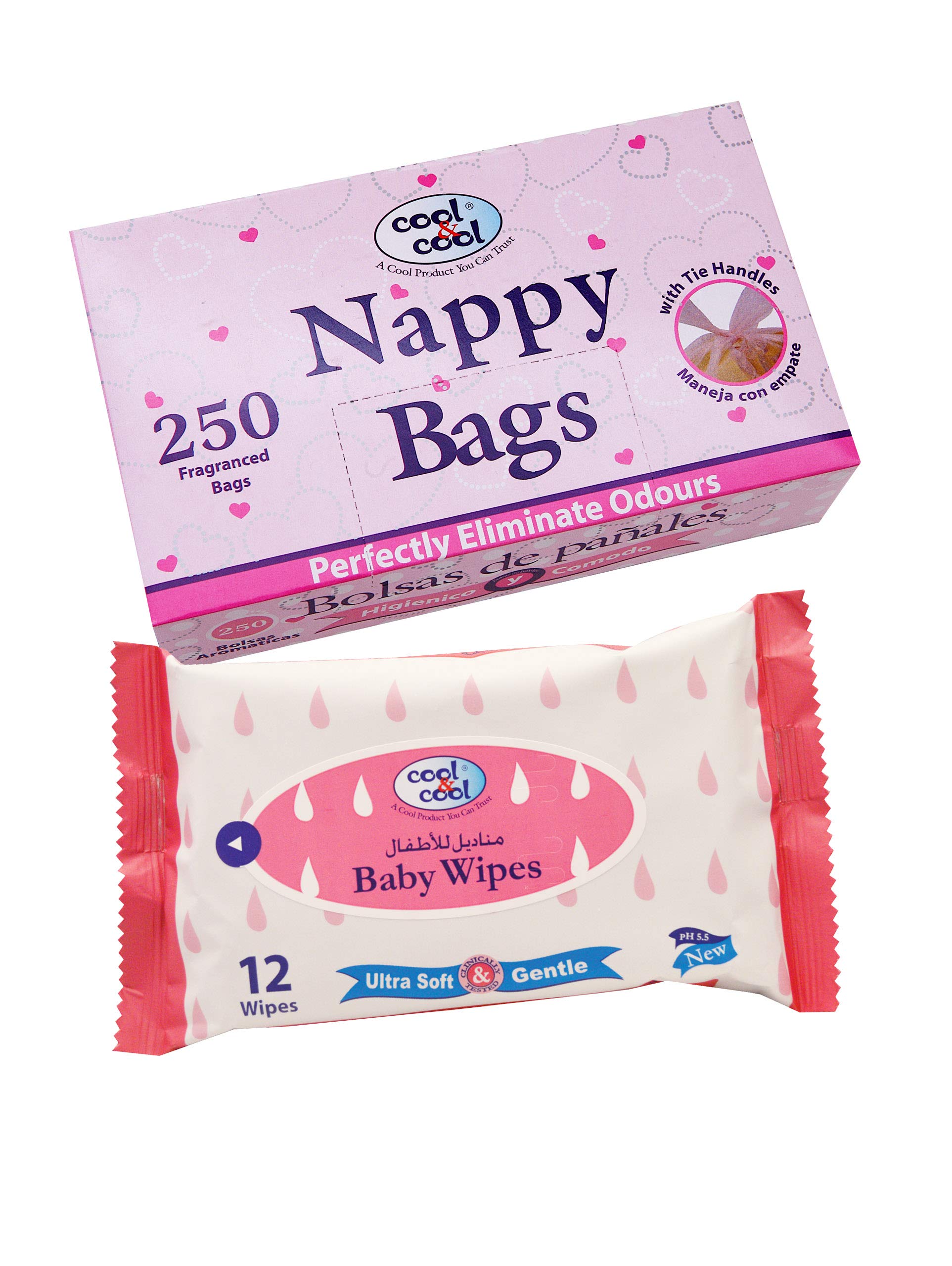 Cool & Cool Nappy Bags 250's- Mildly Scented Diaper Disposable Bags + Baby Wipes 12's - Alcohol Free, Fragrance-Free, Ultra Soft - Combo Pack