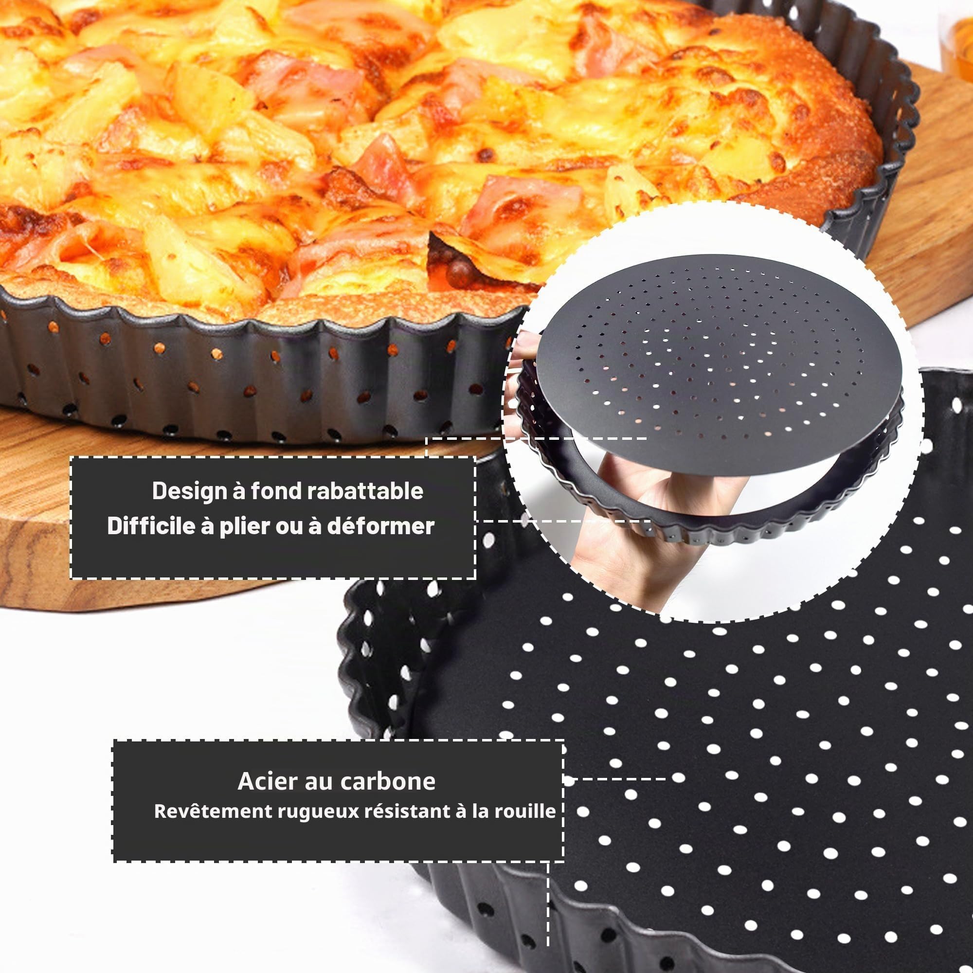 Lot de 2 moules à quiche perforés avec fond amovible 26 cm | Moule à quiche rond et perforé anti-adhésif à fond amovible avec trous pour la cuisson