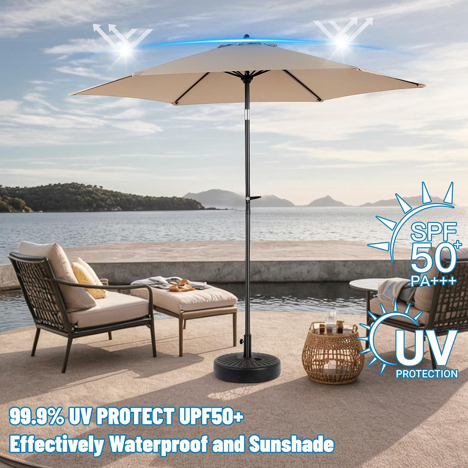 10ft 8-6 Rib Market Umbrella for Backyard, 3-Tier Patio Poolside Umbrella with Auto-Tilt & Crank,UV50+ Fade-Resistant Canopy (Khaki, 2)