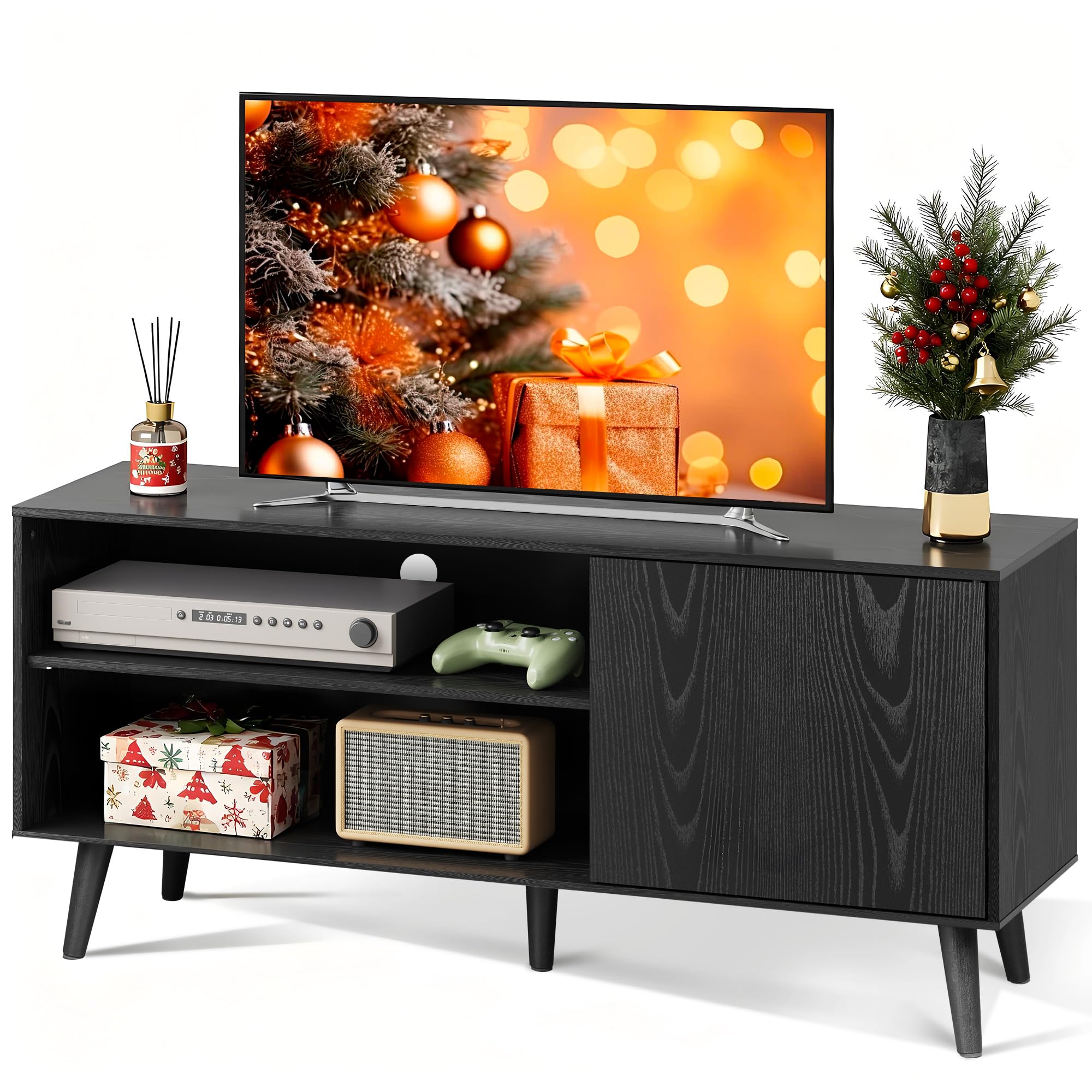 TV Stand for 55 Inch TVs, Entertainment Center with Storage Cabinet, Mid-Century TV Stands for Living Room and Bedroom, 50" TV Console, Black
