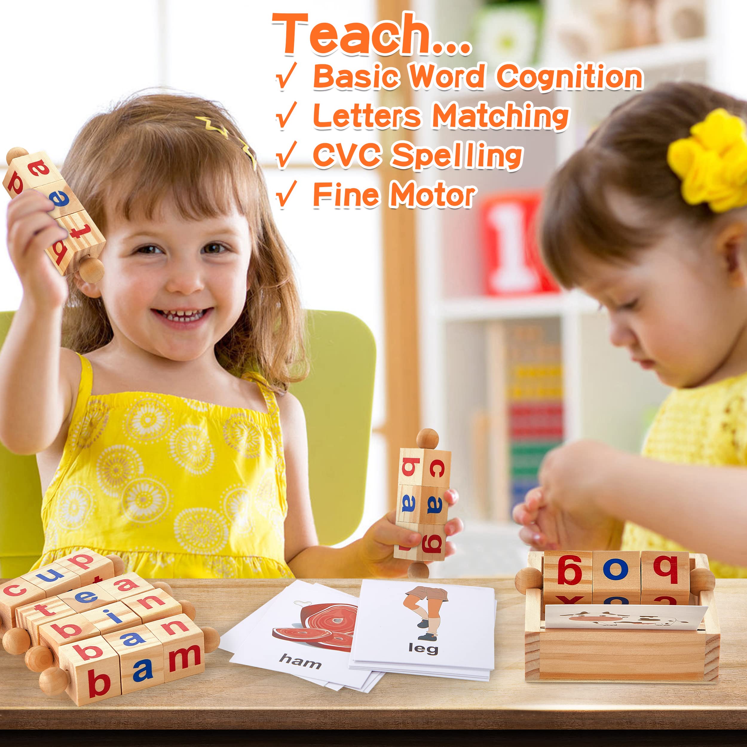 Wooden Montessori Reading Blocks Flash Cards Short Vowel Rods
