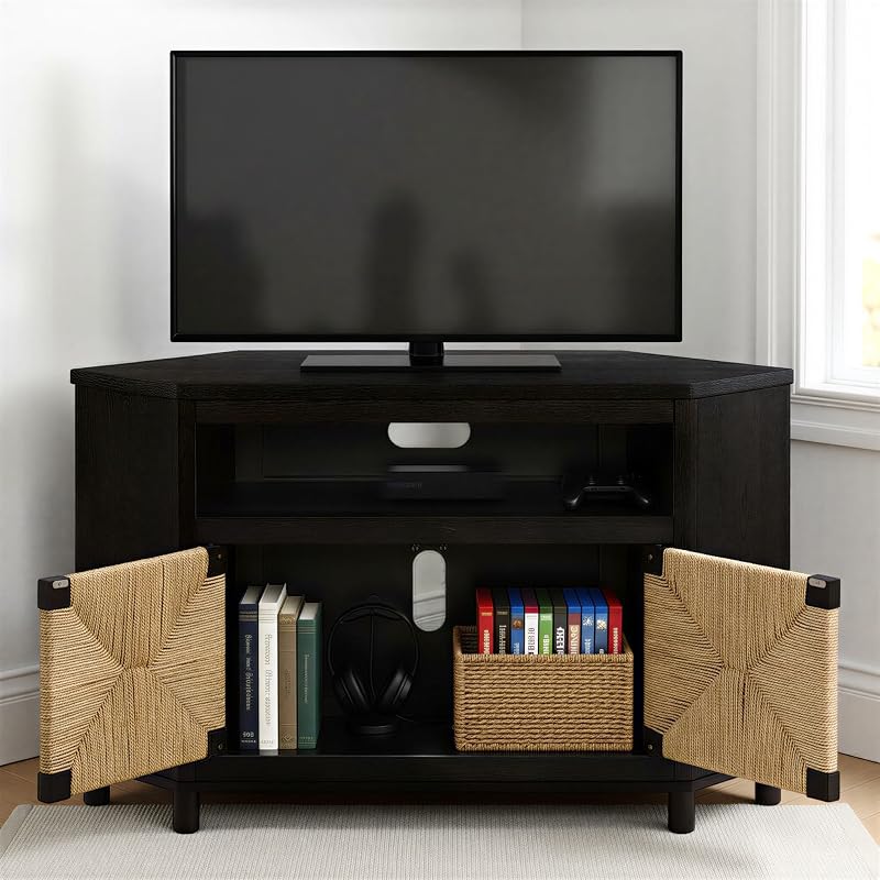 Martin Svensson Home Woven Quarter Oak & Seagrass Corner TV Stand, Black image 4