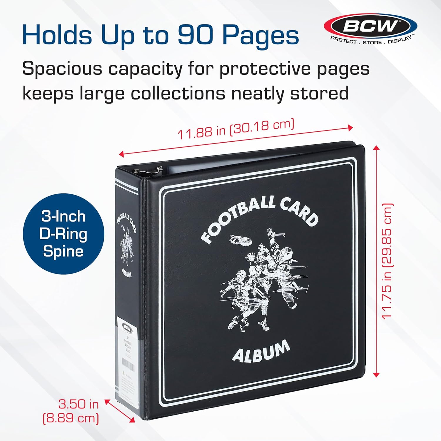 BCW 3-Inch D-Ring Football Trading Card Binder - Black | Holds 90 Pages | Heavy Duty Durable Design Football Card Binder | 1 ct